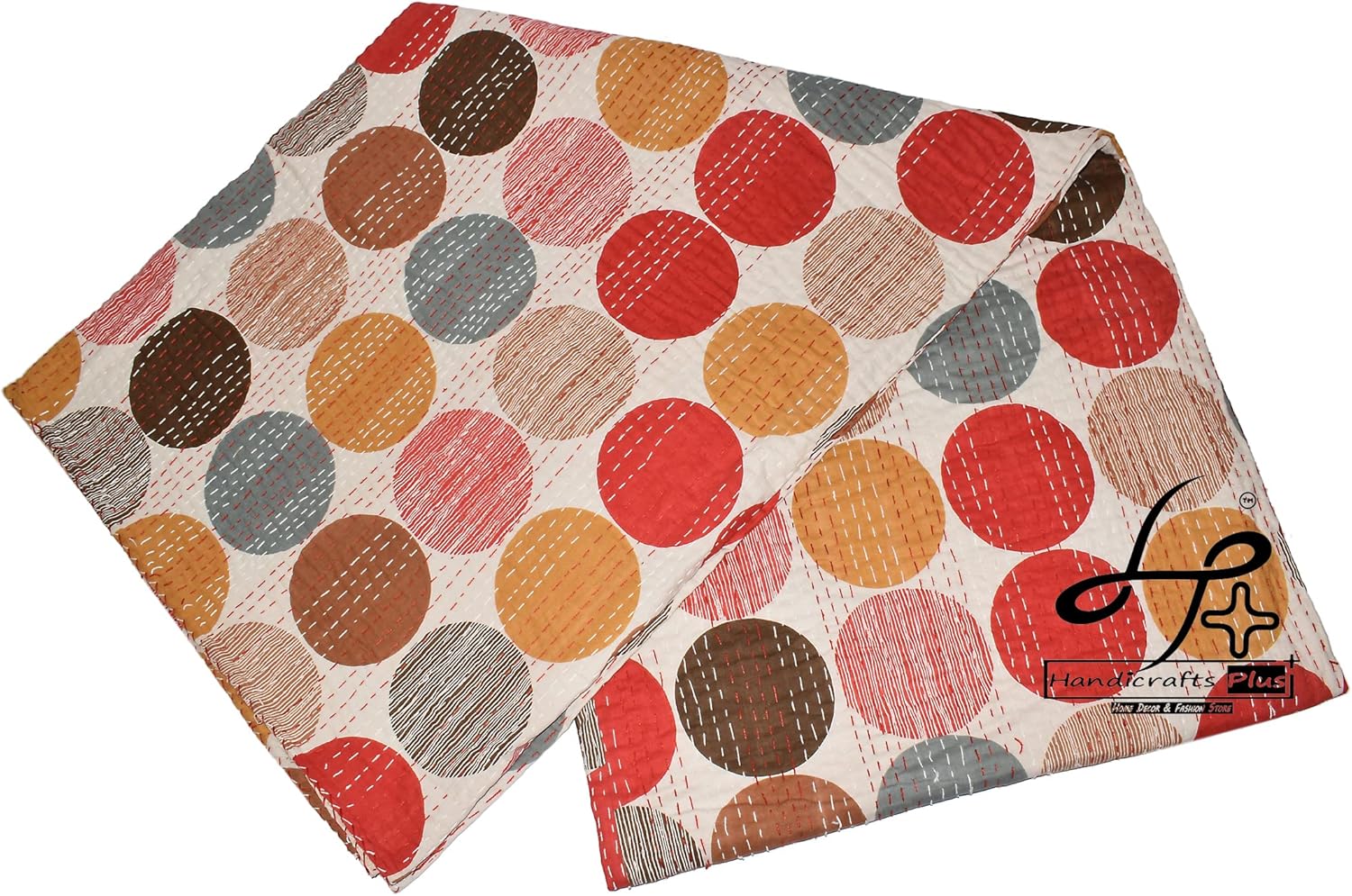 Ethnic Kantha Quilt Handmade Bedspread Single Size Bedcover Indian Blanket Red Coverlet Polka Dot Print Gudari
