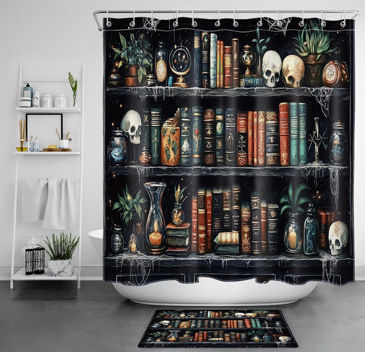 LB Vintage Bookshelf Shower Curtain Witchy Magical Books Gothic Skull Shower Curtains for Bathroom Green Plant on Shelf Waterproof Washable Fabric Shower Curtain with Hooks and Bath Mat,72x72 inch