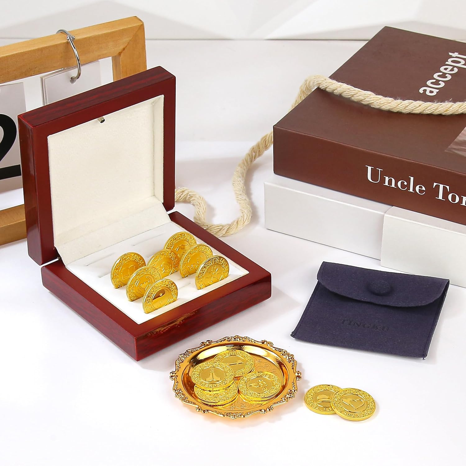 TINGKU 13-Piece Wedding Unity Coins Set – Spanish Arras para Boda Católica with Virgen de Guadalupe, Traditional Arras de Boda Cristiana in Wooden Gift Box, Recuerdos para Boda (Gold Coins)