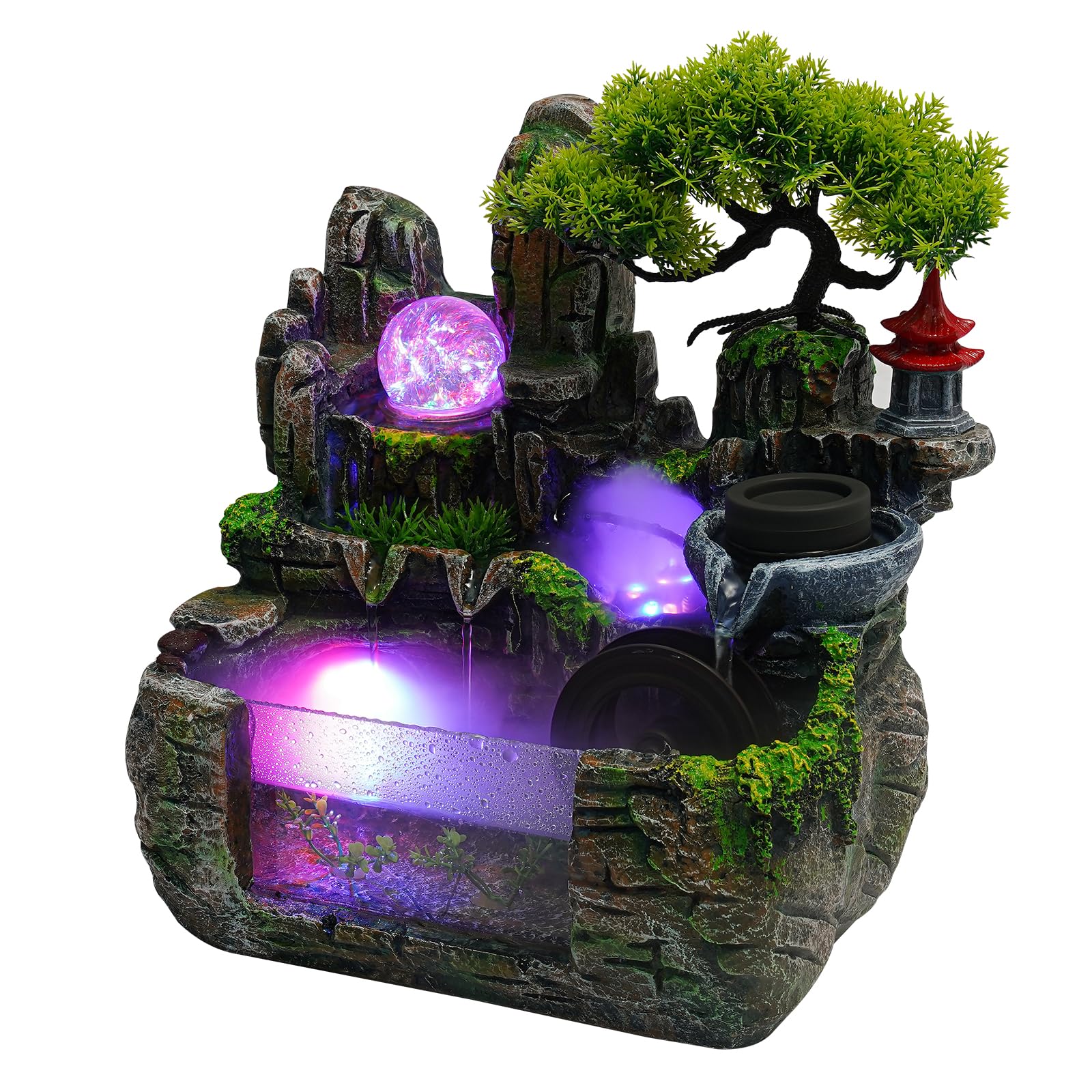 Fontaine d'intérieur - Cascade - Fontaine de table avec éclairage LED et brouillard - Petite fontaine d'intérieur avec plantes pour salon, chambre à coucher, bureau