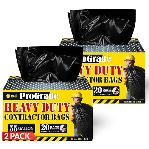 Reli. Contractor Garbage Bags 55 Gallon | Heavy Duty | 40 Trash Bags, Twist Ties, Black Contractor Trash Bags (36" x 56", 2 MIL)