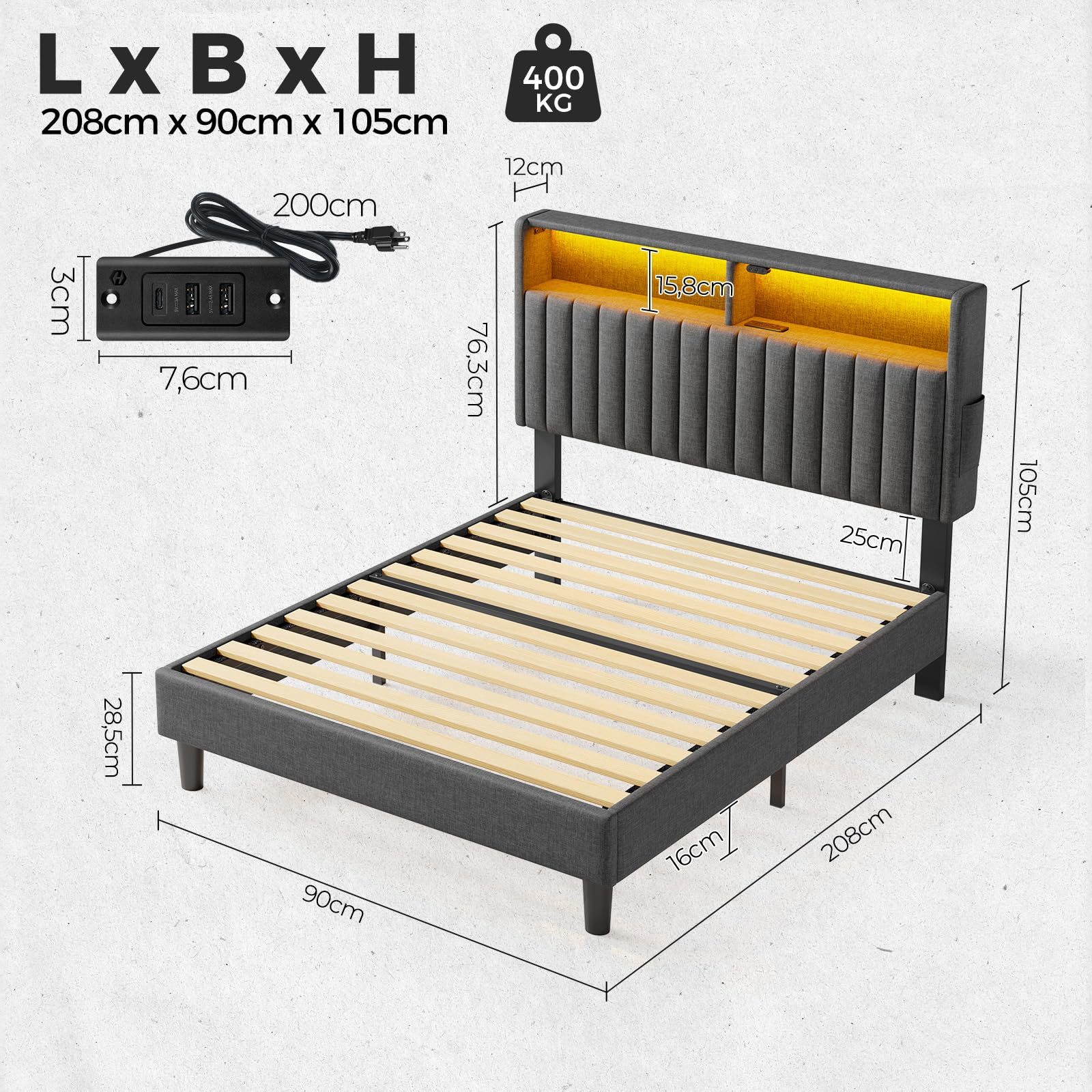 Seventable Bett 90x200 mit Ladestation, Metallbett mit Gepolstertem Kopfteil & LED, Bettgestell mit Zweischichtige Ablage, perfekt für Kinderzimmer, Jugendzimmer (grau)