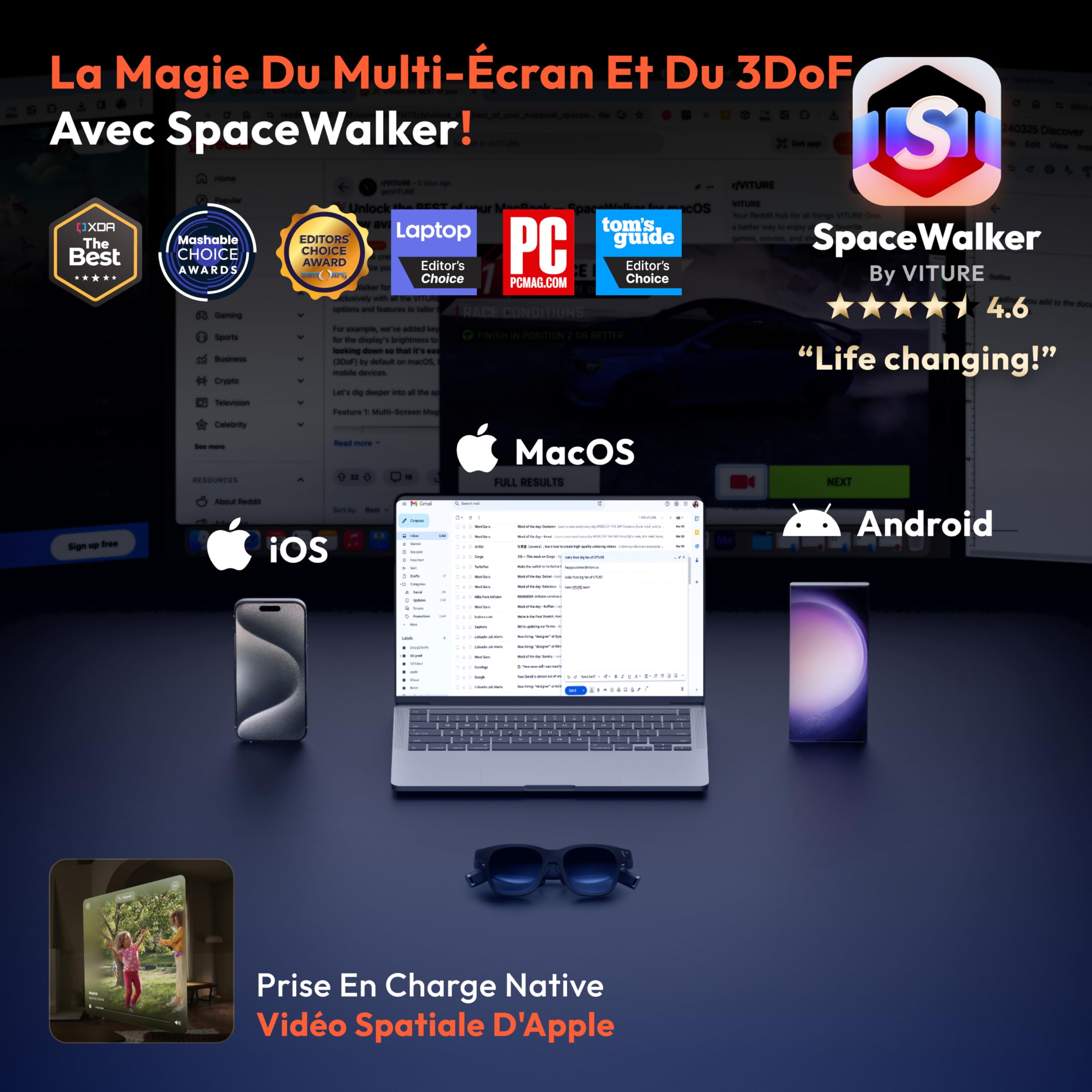 VITURE Lunettes AR Pro, écran 135” 120Hz, Audio Harman, Film électrochrome, Lunettes XR compatibles avec iPhone 17/16/15, Android, Mac, PC, Switch, Switch 2 - Occasion