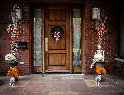 Miniatura 3 de Threetols 2 lazos de Halloween para corona, diseño de calavera de azúcar rojo y negro, lazos de Día de los Meurtos para puerta delantera, lazos de