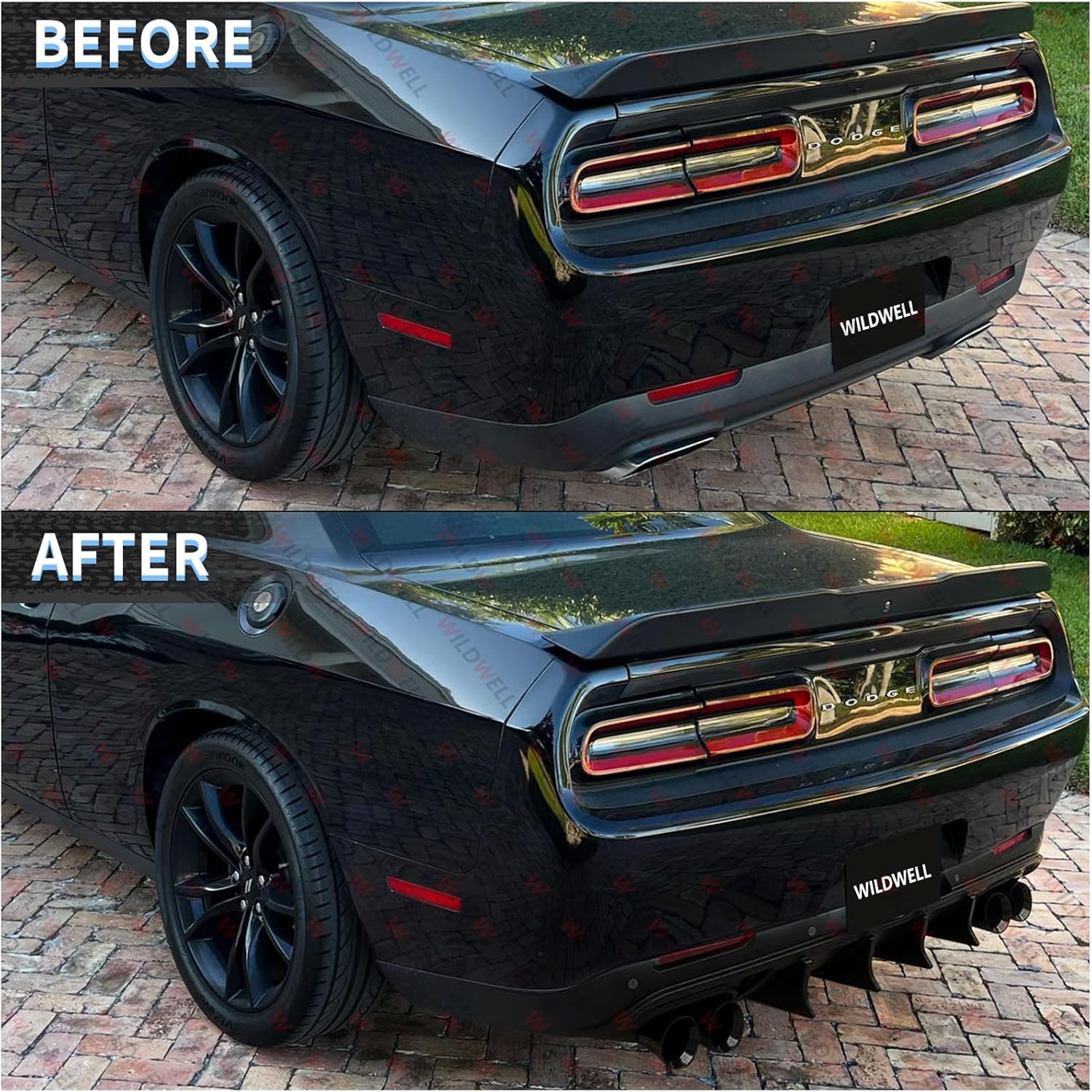 WildWell Rear Bumper Diffuser For 2015-2024 Dodge Challenger SRT,Hellcat,Redeye,SXT,GT,RT,Scat Pack,392 and TA, Rear Diffuser Lip Spoiler Splitter Shark Fin Style Glossy Black