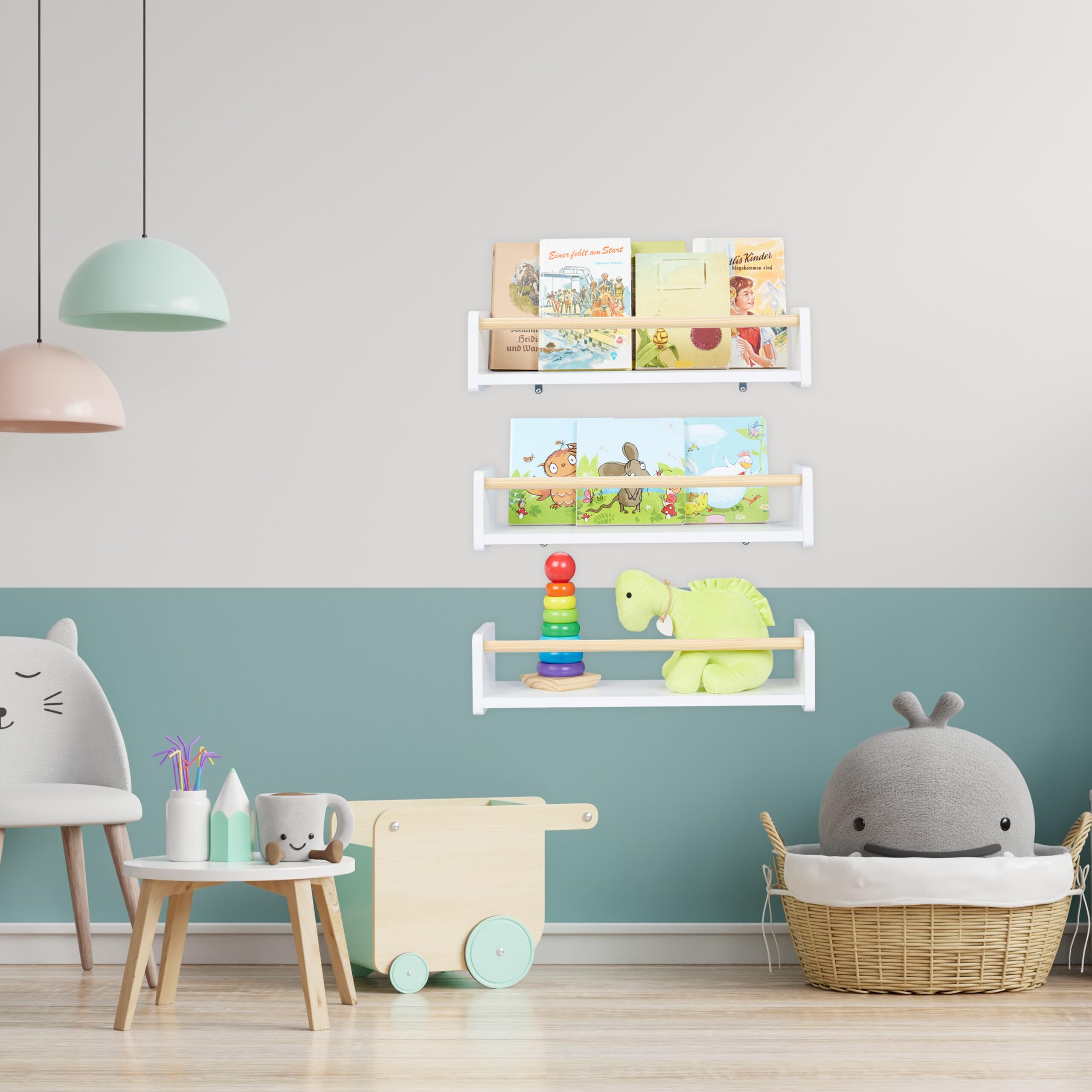 Relaxdays Estantes de Pared Infantiles, Set de 3, Baldas Flotantes Niños, 12x50x18 cm, Estantería Niños, Blanco/Natural