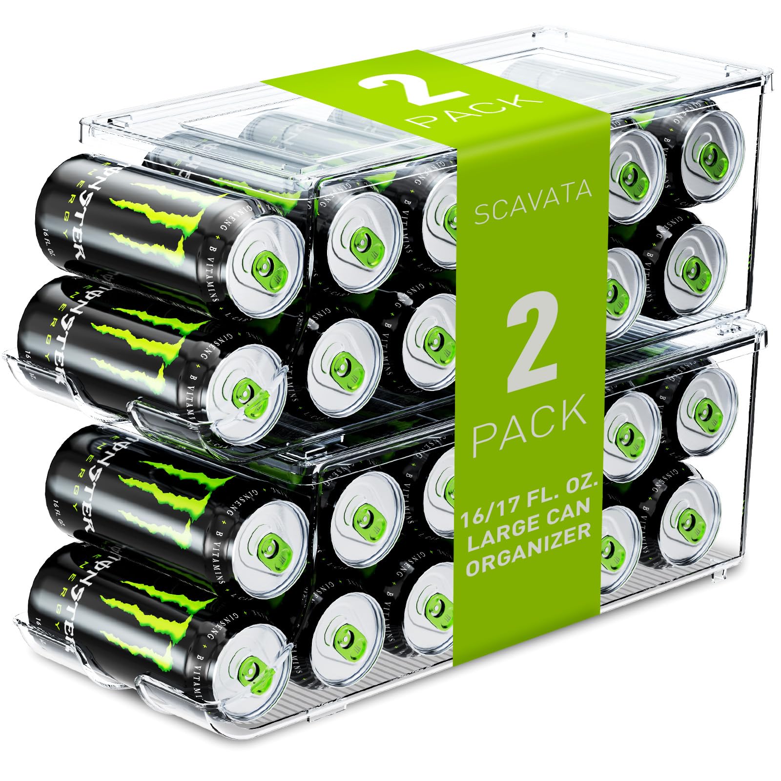 Photo 1 of SCAVATA 2 Pack Tall Skinny Can Organizer for Refrigerator, Stackable Large Soda Cans of 16oz & 17oz Beverage Energy Drink Container Holder Dispenser with Lid for Fridge, Clear Storage Plastic Bins
