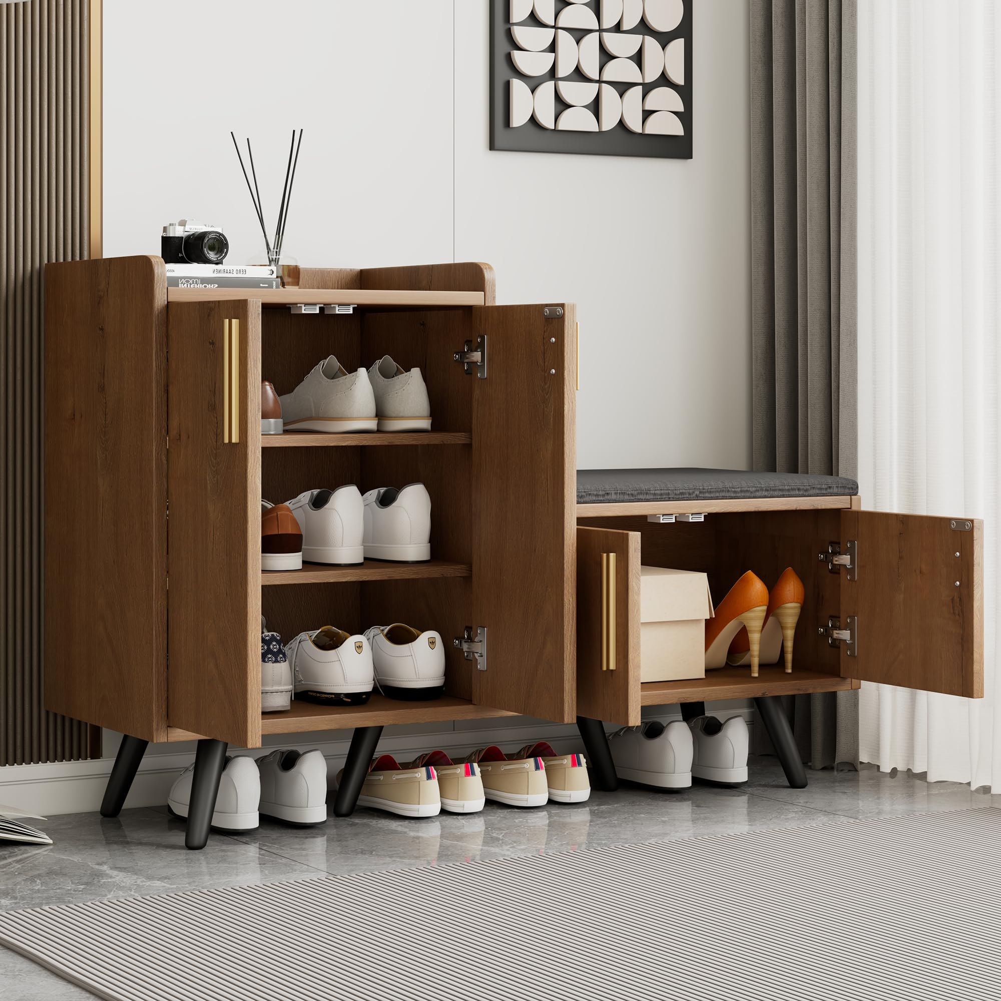 Zapatero moderno, 120 x 34 x 82,8 cm, equipado con cuatro puertas de almacenamiento, asas de metal asimétricas (color madera)