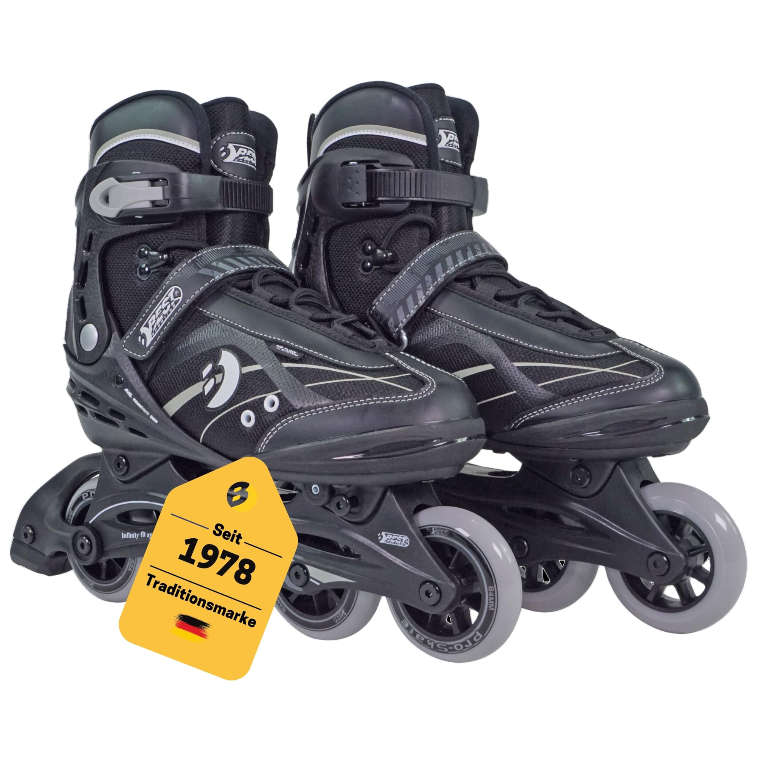 Best Sporting Inline Skates Erwachsene & Jugendliche I Rollschuhe Erwachsene I Breitenverstellung bis 6 mm I robuste Inliner mit Bremse I schwarz I Rollerskates Schuhe I Inliner mit 4 Rollen