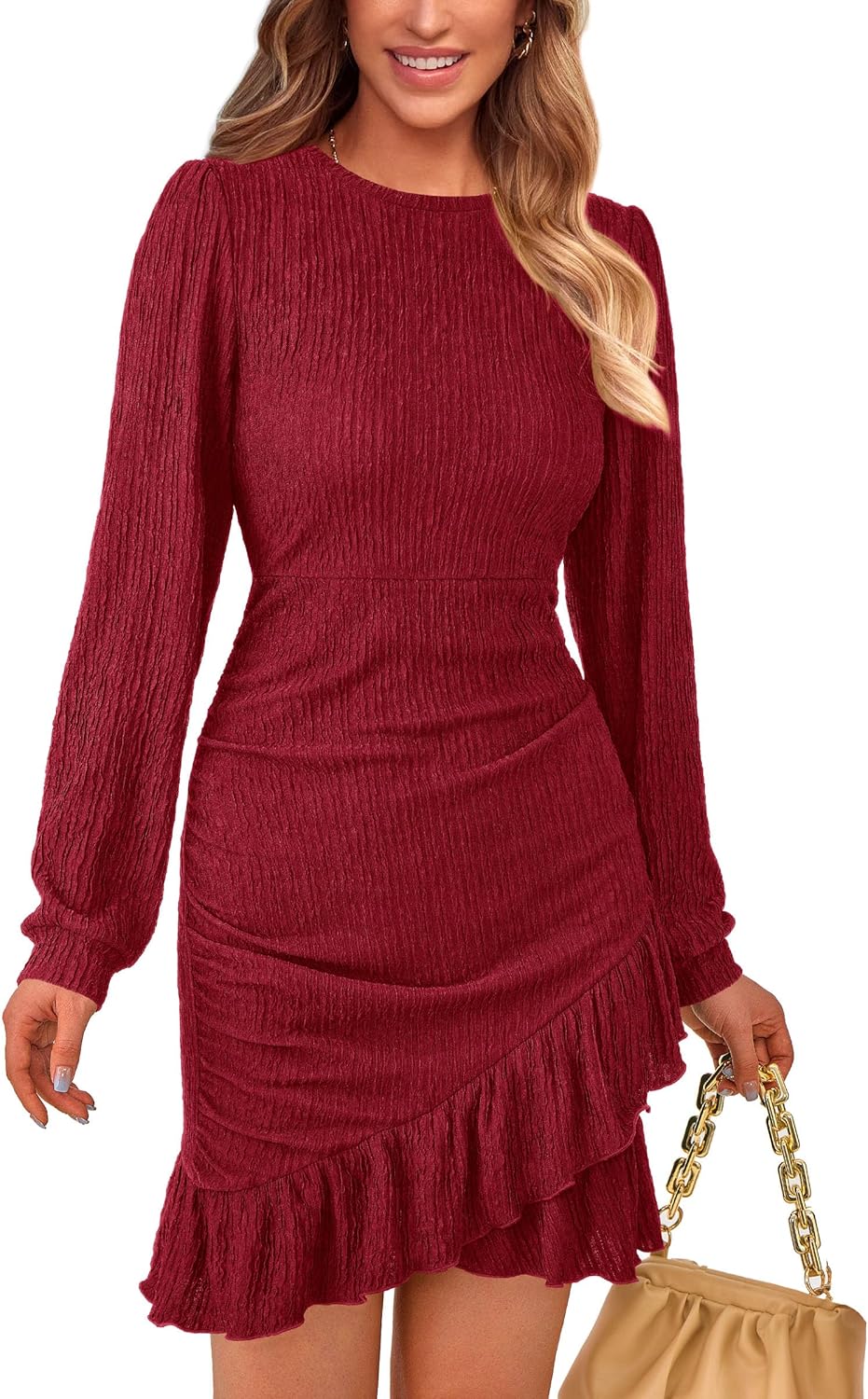 PRETTYGARDEN Women's Spring Fall Ruched Bodycon Mini Dress Long Puff Sleeve Ruffle Fitted Cocktail Party Dresses