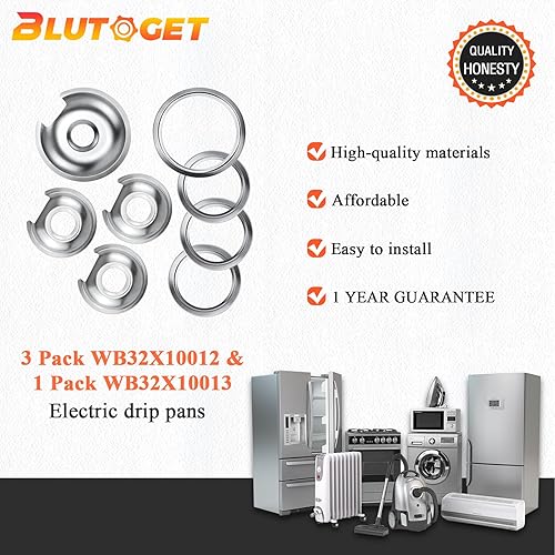 Miniatura 7 de Bandeja de goteo para quemador de estufa eléctrica, 1 sartén grande de 8 pulgadas WB32X10013 y 3 bandejas pequeñas de 6 pulgadas WB32X10012 cromadas