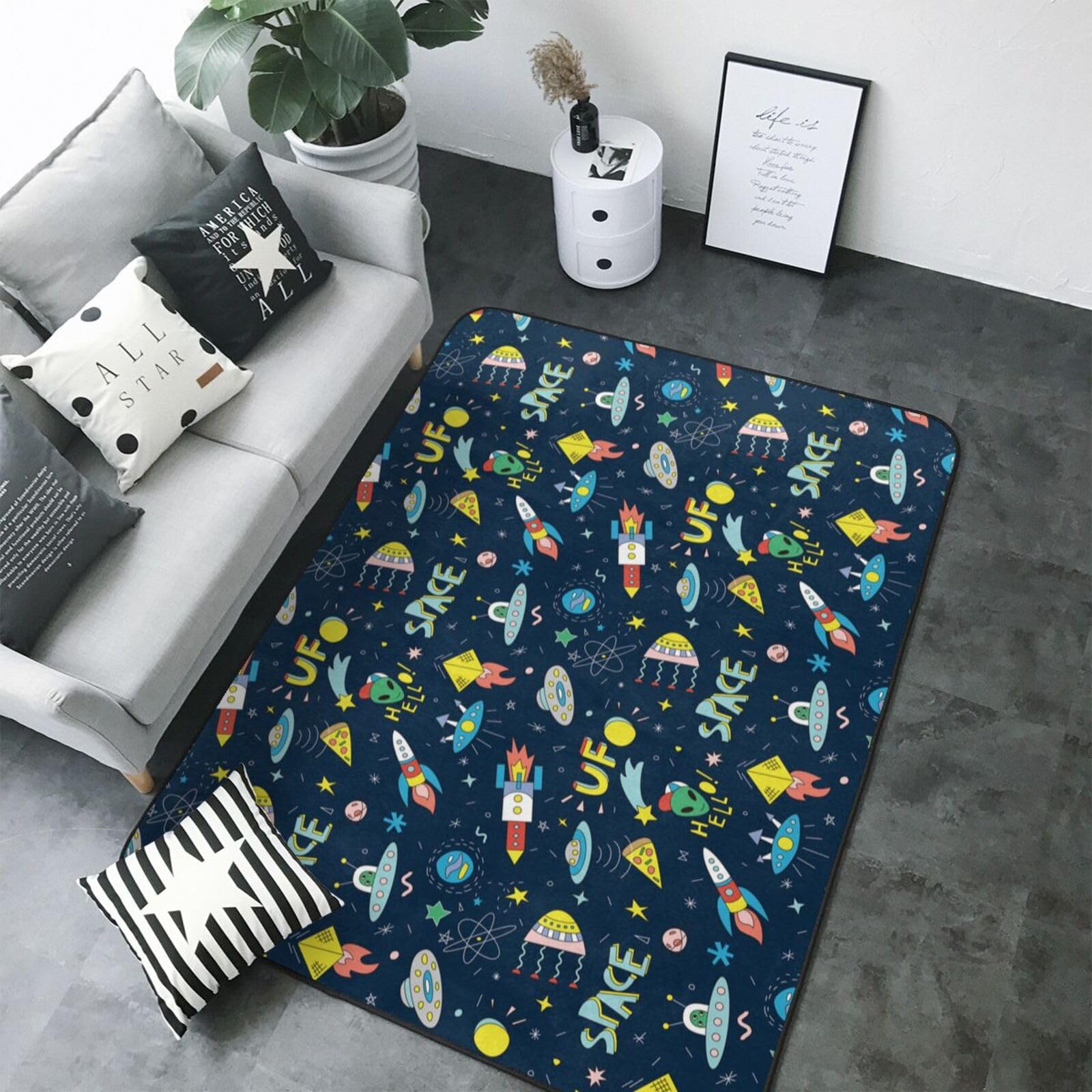 Tapis de chambre doux pour enfants thématique espace et fusées en salon