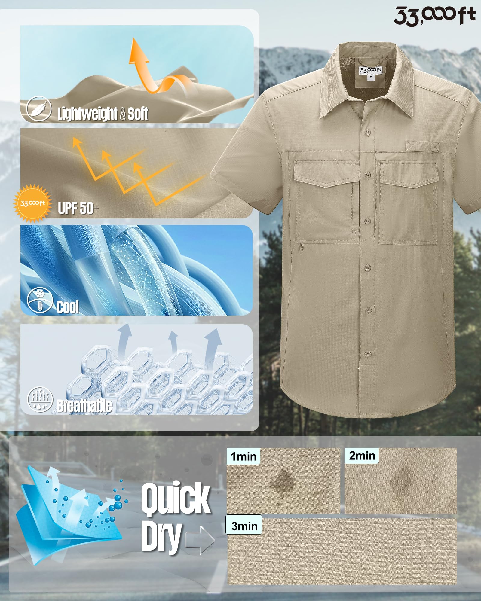 33,000ft Camisa al aire libre para hombre, manga corta, camiseta funcional de secado rápido, camisa casual para trekking, senderismo, pesca, safari golf
