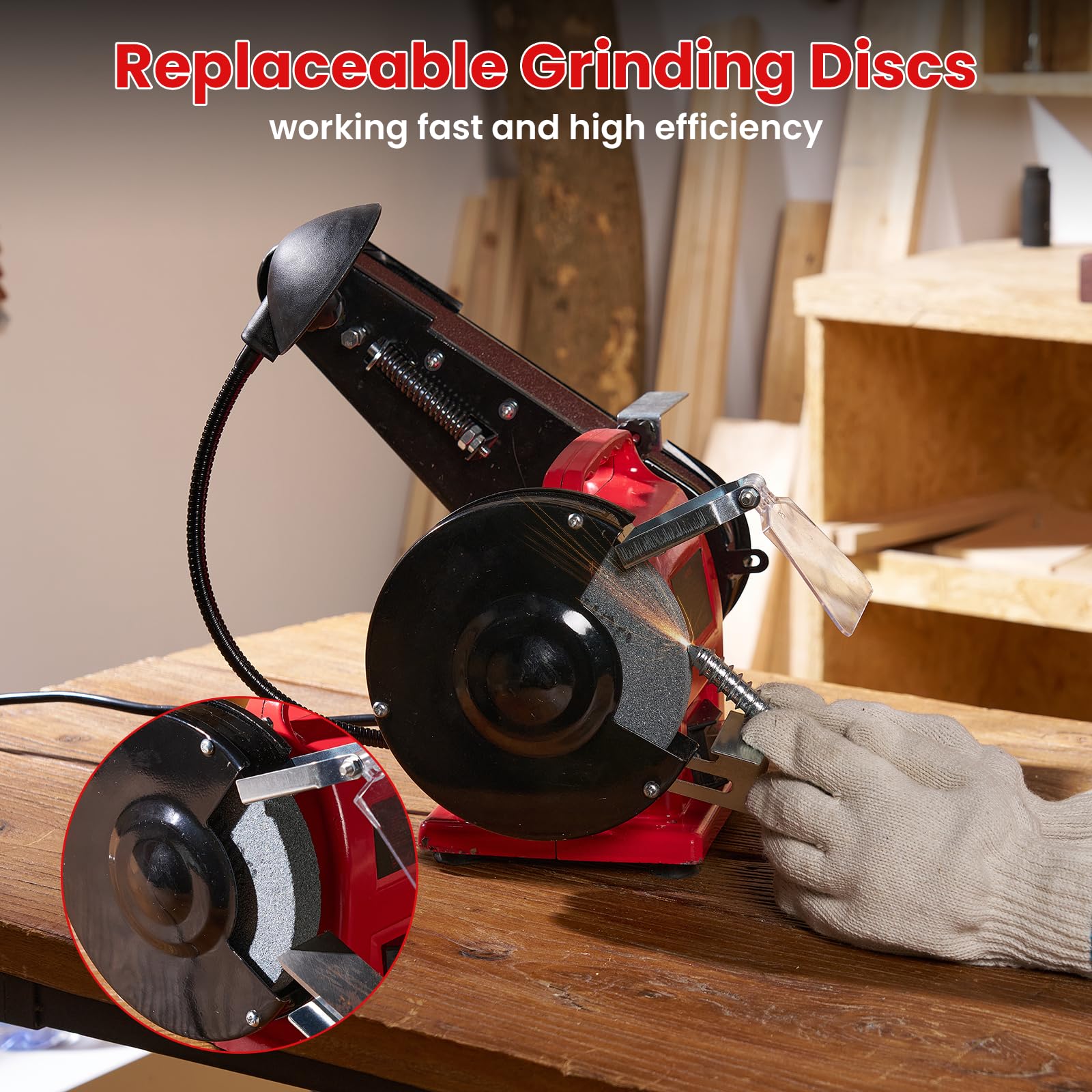 Stand-Bandschleifer, 2-in-1 Mini-Bandschleifer, 350 Watt, mit Bandschleifscheibenfunktion, LED-Licht, Funkengeschütztes Glas, Kabelgebunden, für Metall/Holz/Aluminium-Schleifarbeiten, Rot
