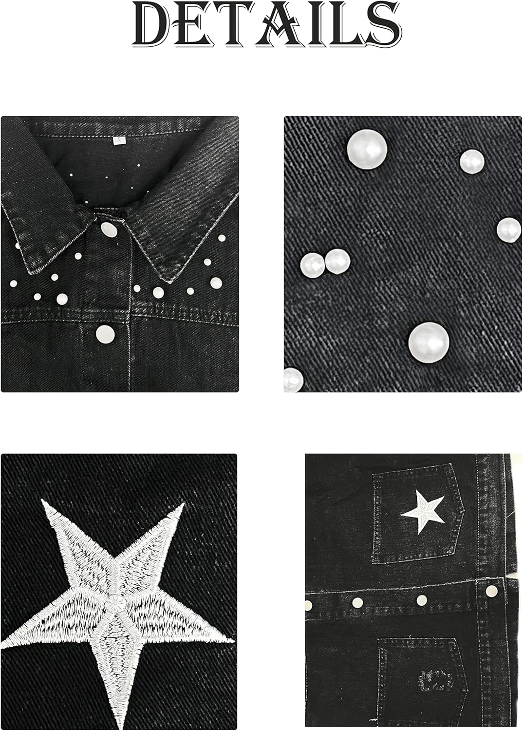 Esmeling Womens Cropped Pearls Beading Jean Jacket Ripped Star Embroidered Denim Jacket Coat - Image 4