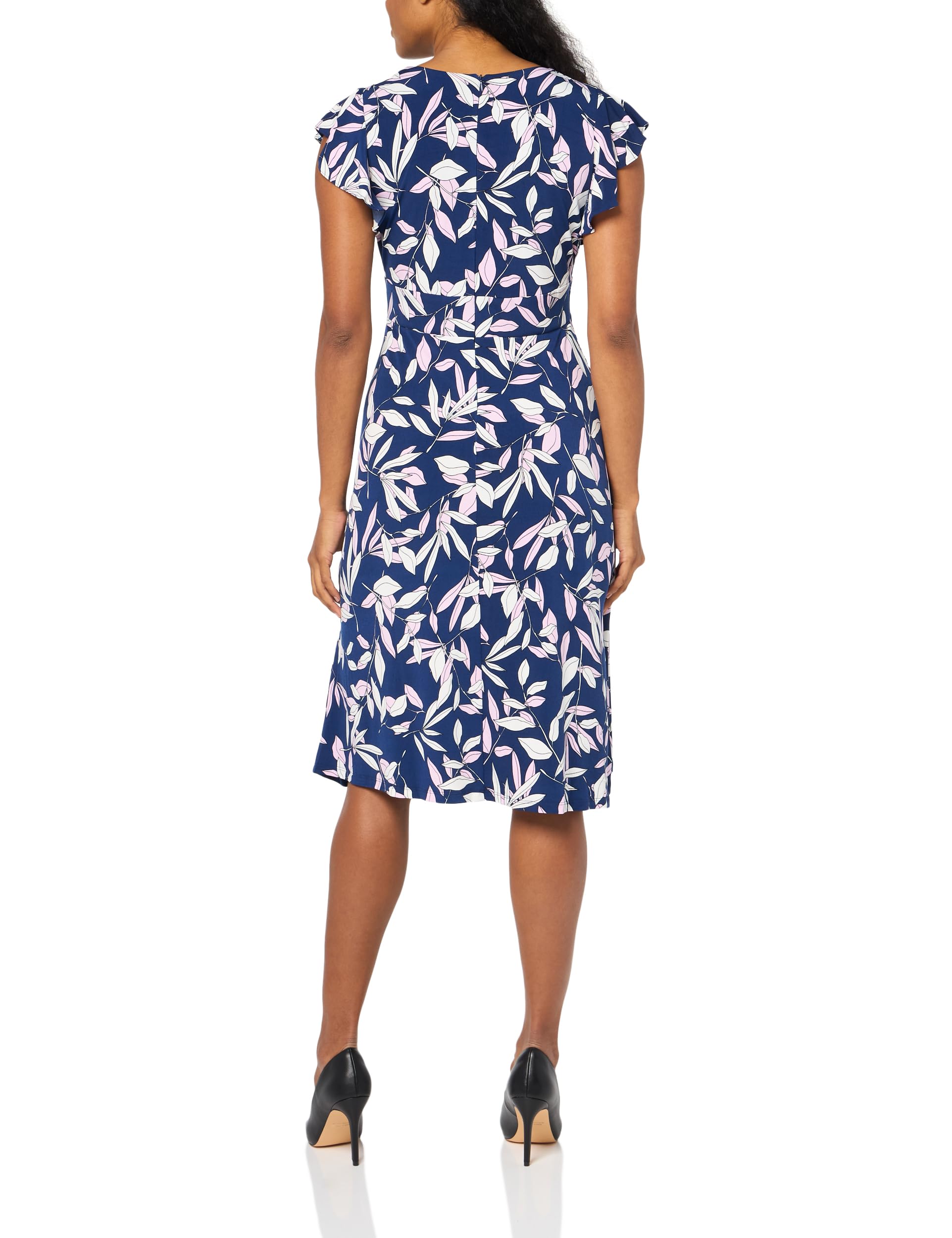 London Times Damen Damen-midi-Kleid mit Blattdruck, V-Ausschnitt, Rüschenärmel, V-Ausschnitt, Rüschenärmel, V-Ausschnitt Kleid