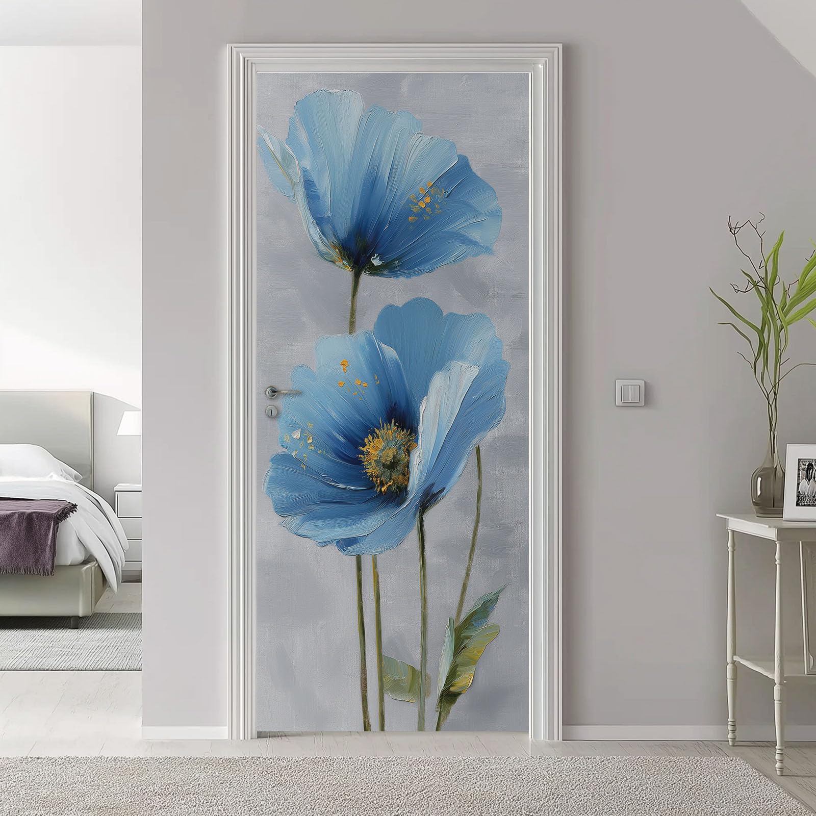 Naklejki na drzwi 3D obraz olejny, samoprzylepny plakat ścienny z PCV minimalistyczny kwiatowy marzyciel, szare naklejki na drzwi tapeta dekoracyjny plakat do wnętrz do sypialni kuchni, 95 x 215 cm
