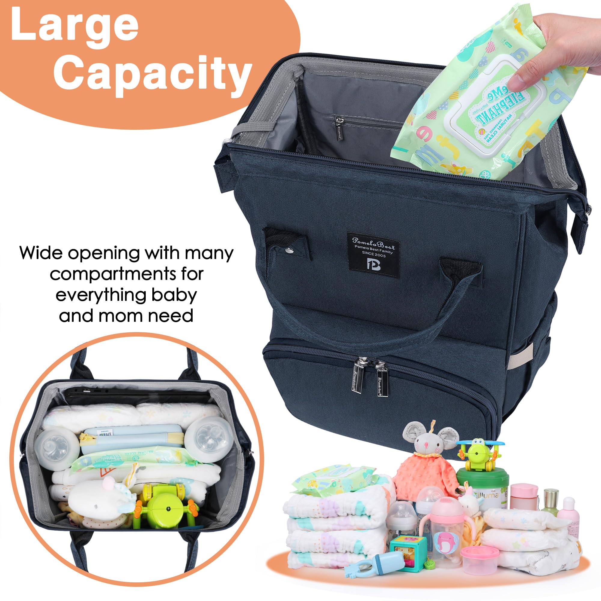 Zaino Mamma Multifunzione neonato Fasciatoio Bambino impermeabile Borsa Nappy Stoffa Oxford Grande capacità con Materassino fasciatoio, 2 tasche isolanti bottiglia per Viaggiare mamma papà, Blu Scuro