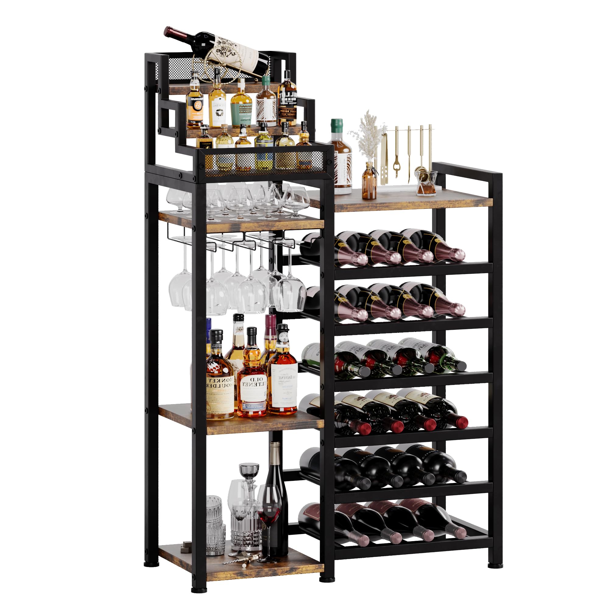 Feonase Kostenloser Standweinregal aus Metall für 24 Flaschen - Schwarzes Weinregal mit Bar, Glashalter, Offene Regale, Weinregal Aufbewahrung