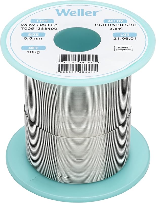 Weller WSW SAC L0 (T0051388499) Lead Free Solder Wire, Dia: 0.5 mm / 0.020 in, Wt: 100 g / 3.527 oz, Alloy Sn96.5Ag3.0Cu0.5, Flux content 3.5%