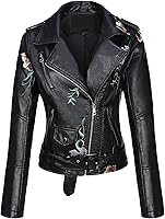 Bellivera Women's Faux Leather Studded Rivet Floral Moto Biker Jacket - Vegan, Soft & Stylish