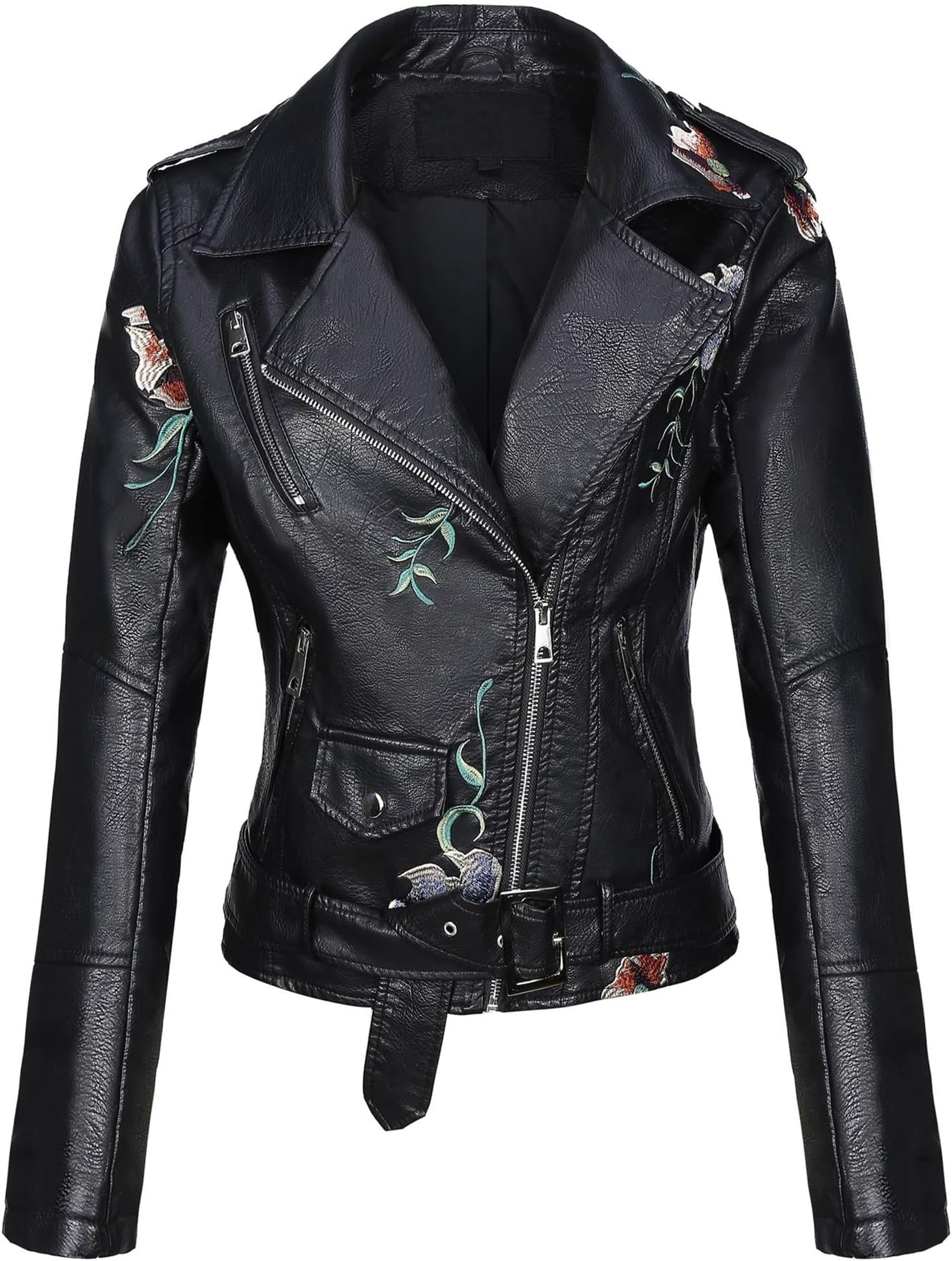 Women Faux Leather Jacket Studded Rivet Floral Moto Biker Coat