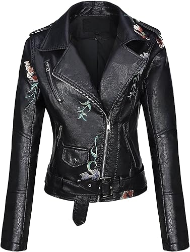Bellivera - Chaqueta de cuero sintético para mujer, con remaches tachonados, estampado floral y aspecto de motociclista, abrigo corto con solapa