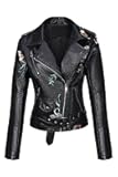 Women Faux Leather Jacket Studded Rivet Floral Moto Biker Coat