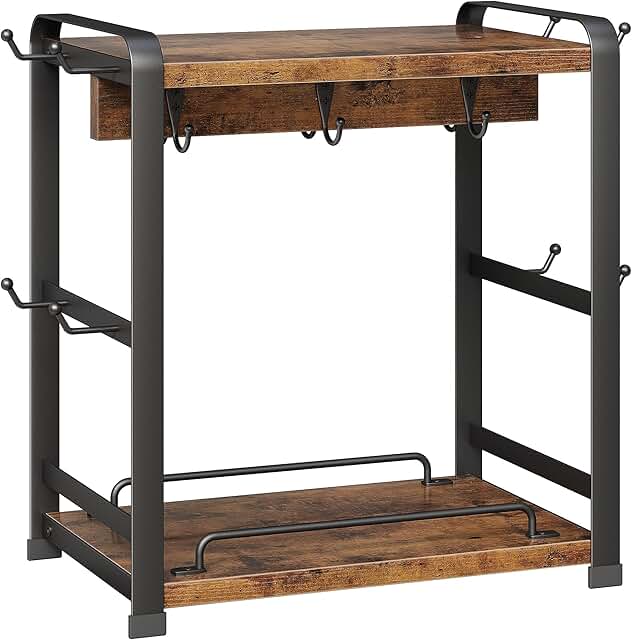 OROPY Wooden Coffee Bar Organizer with 14 Mug Hooks, 2 Tier Countertop C...