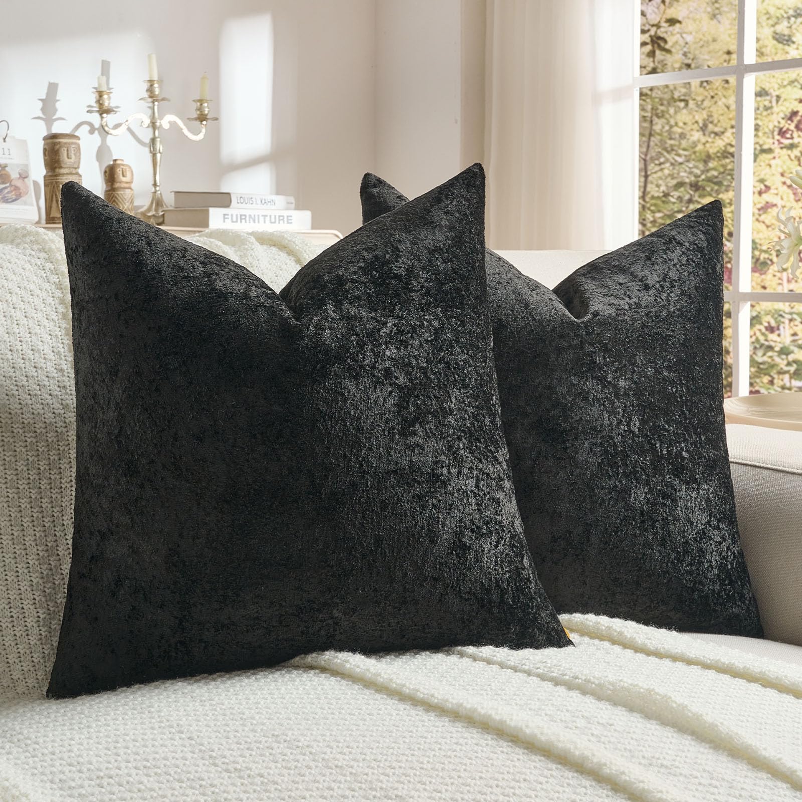FUTEI Set of 2 Crushed Flannel Cushion Covers 40 x 40 cm, Black — image 1