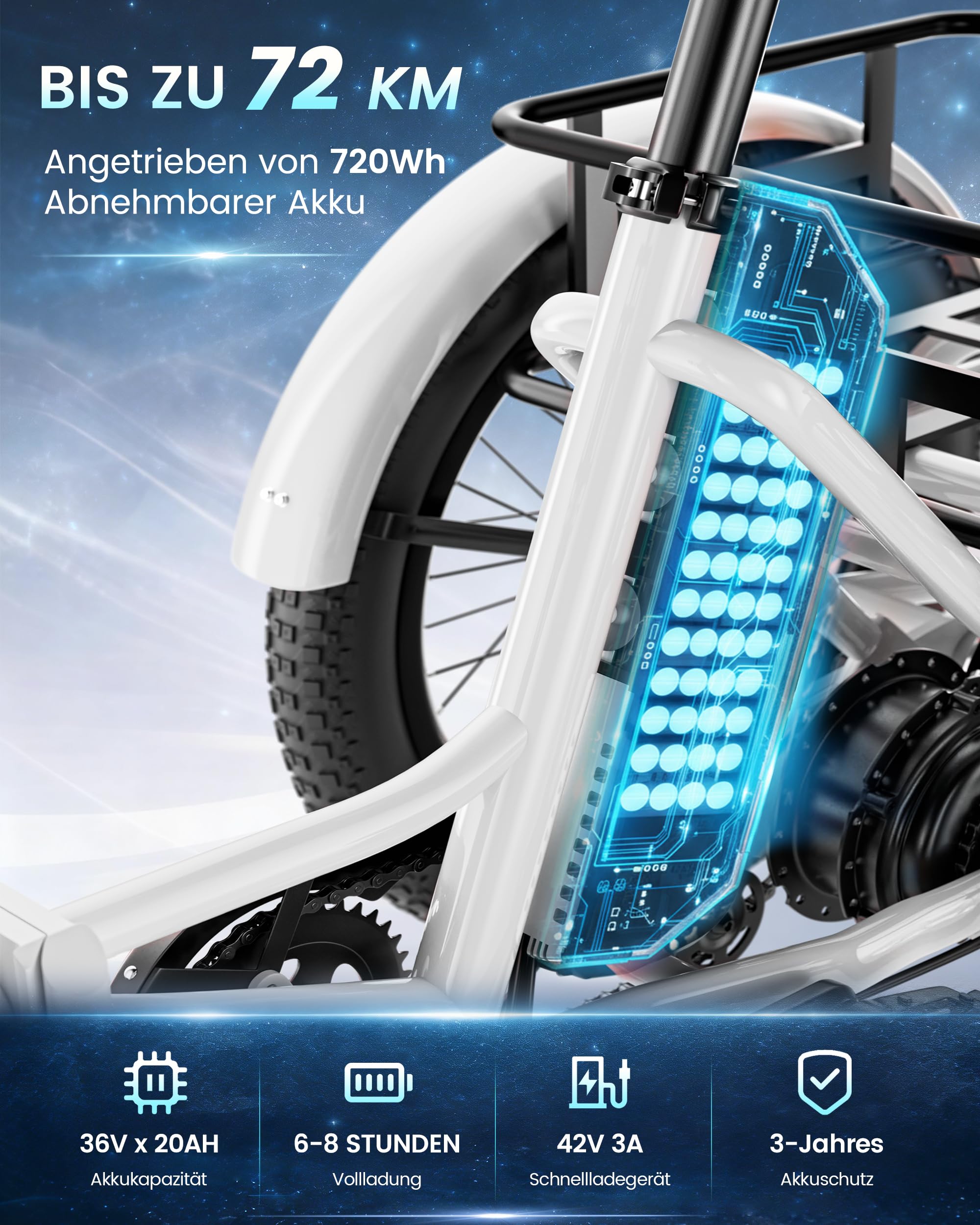 MOONCOOL E Bike Klapprad, 20" Elektrofahrräder für Herren Damen, 36V 20AH Akku, 250W Motor 45 Nm, LCD-Display, IP65 Wasserdicht, 3 Fahrmodi, mit Großen Körben & Fußstützen