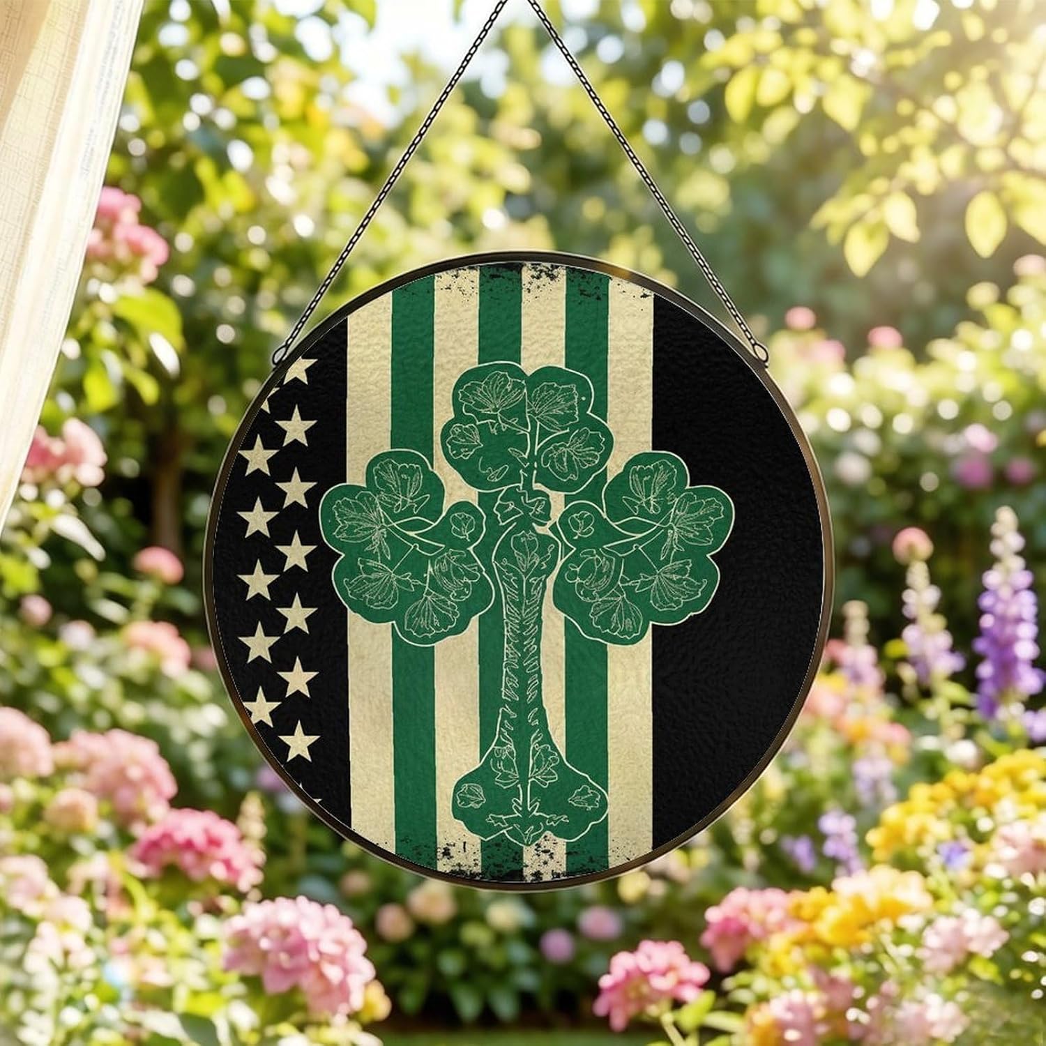 30x30cm Round Stained Glass Suncatcher for Window Hanging Decor with Chain