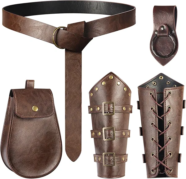 5 PCS Renaissance Accessories Ren Faire Viking Belt Medieval Waist Belt Pouch Leather Arm Bracers and Medieval Sword Holder for Renaissance Cosplay