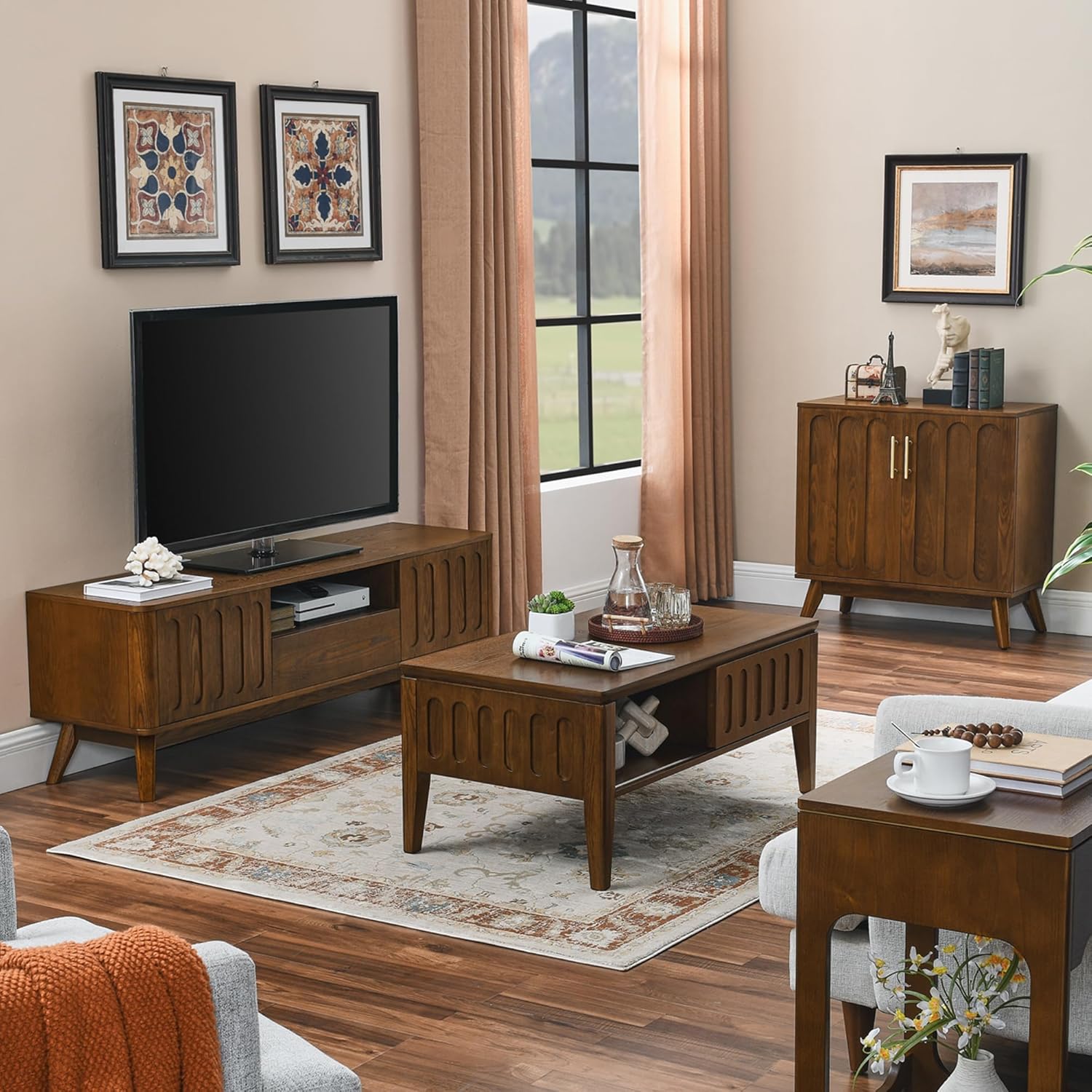 LKTART Sideboard Buffet,Mid Century Modern Storage Cabinet with Doors and Shelves, Boho Style Wooden Buffet Cabinet for Living Room,Walnut