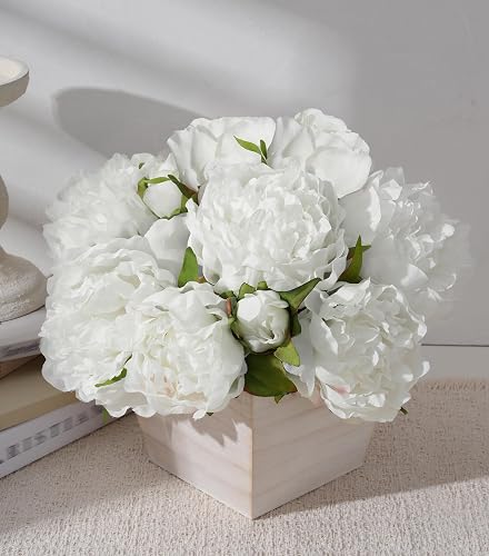 Artificial Hydrangea Flowers Arrangement in Wood Planter, 4PCS Fake Flowers in Wooden Vase Potted Floral Centerpieces for Tables Living Room Home Office Kitchen Decor (White Peony)