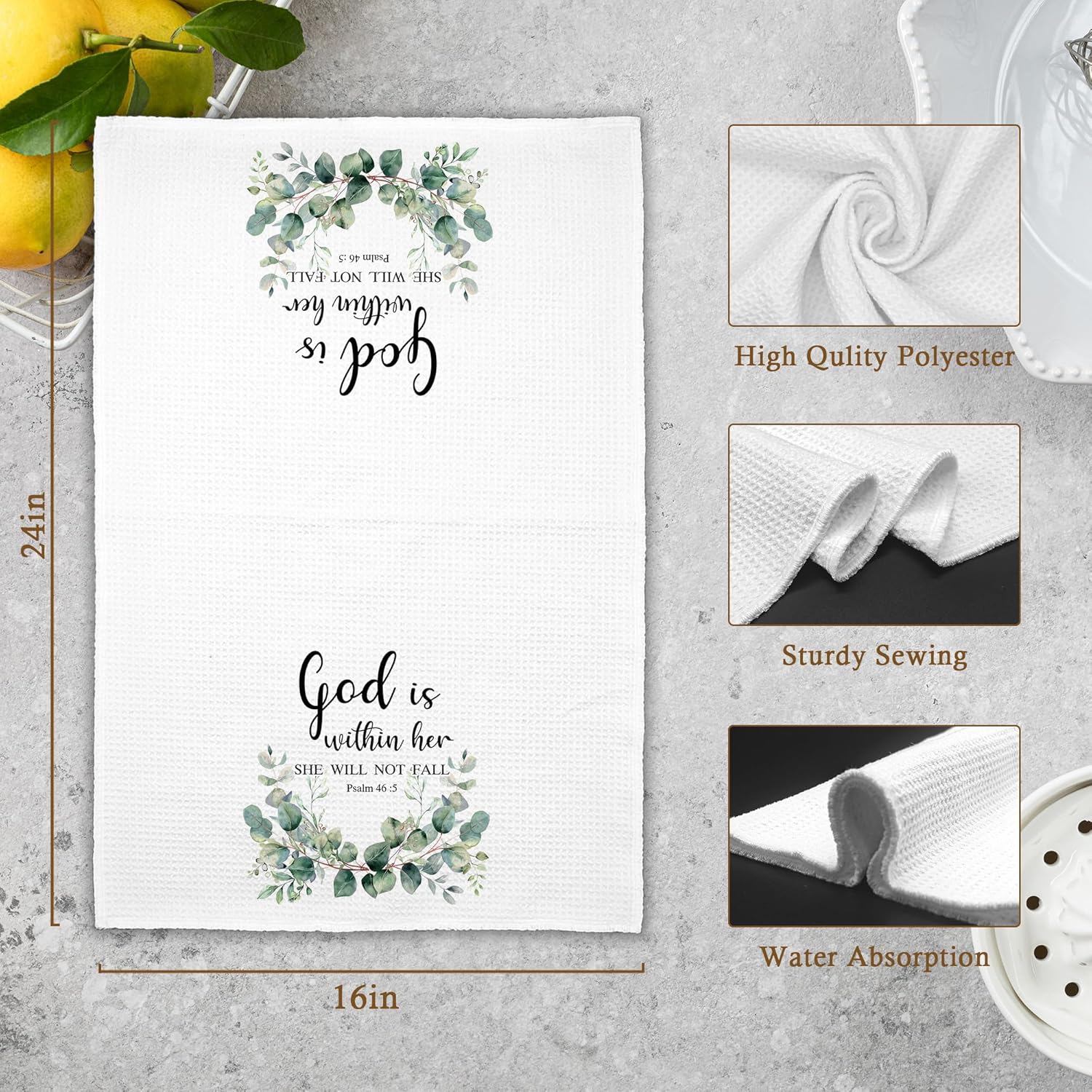 Christian Eucalyptus Leaf Kitchen Towels, Bible Verse Scripture God is Within Her Hand Towels for Bathroom, Botanical Rustic Decorative Dish Towels Decor for Kitchen 16x24in - Image 7