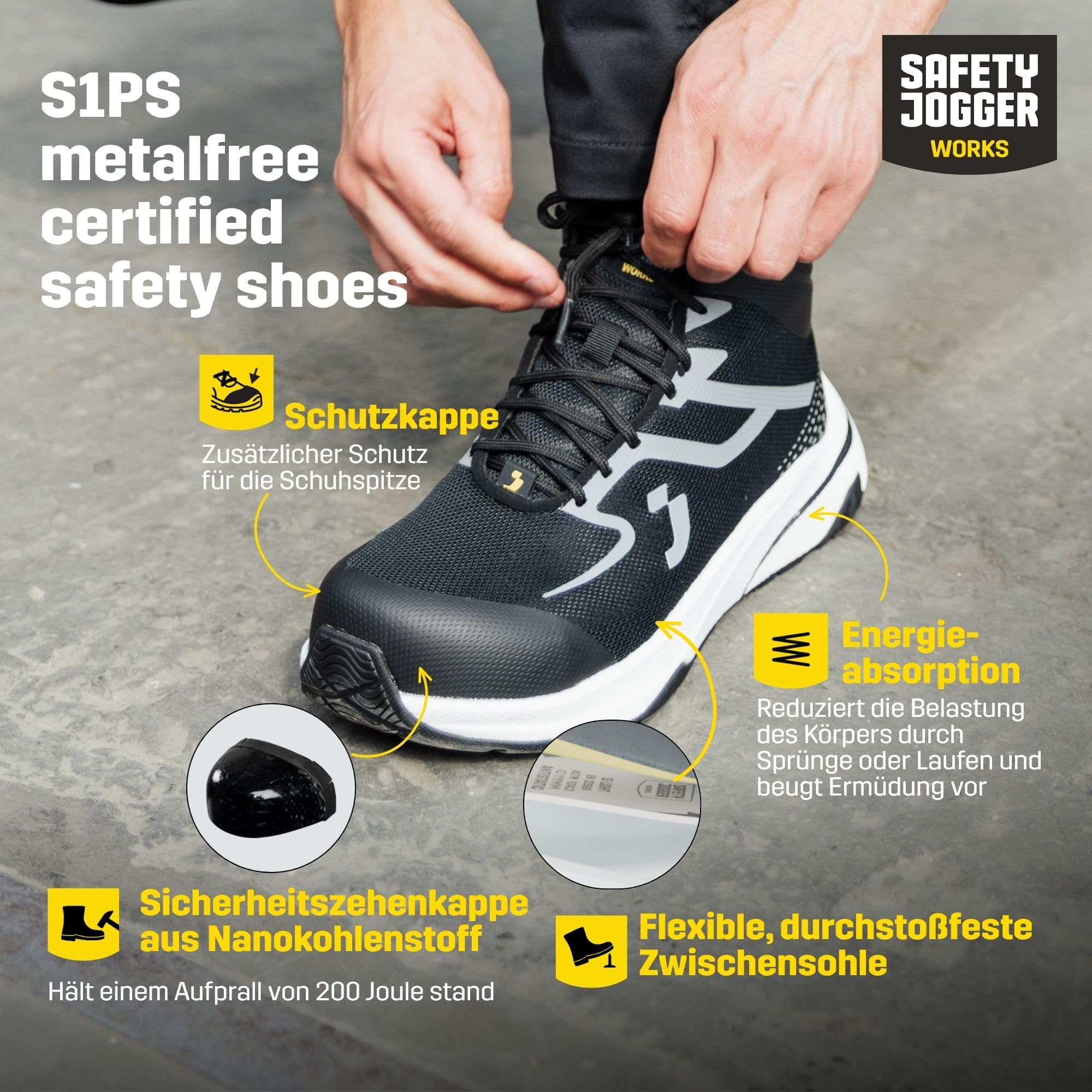 SAFETY JOGGER - Freedom S1PS - Leichte Sicherheitsschuhe - Schwarz | Atmungsaktive und Bequeme Arbeitsschuhe Herren und Damen mit Kunststoffkappe, breiter Zehenkappe, ESD und Barfuß Design