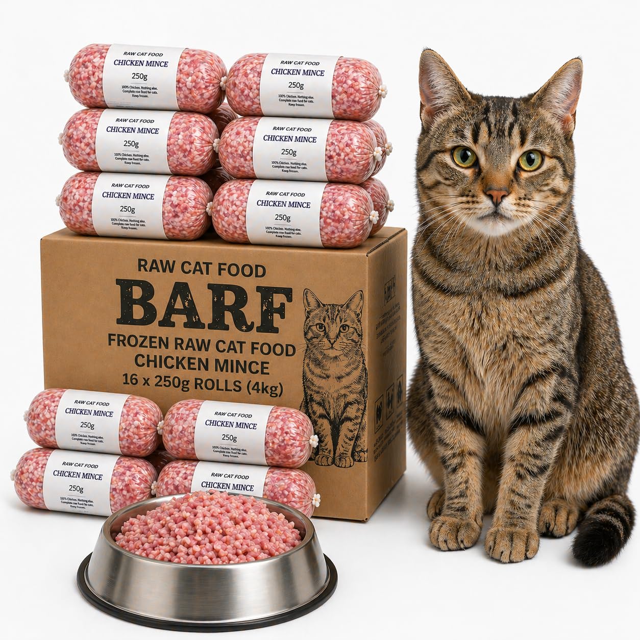 Raw Cat Food Chicken Mince Frozen 4kg (16 x 250g) – Natural High Protein Complete Cat Food, No Additives