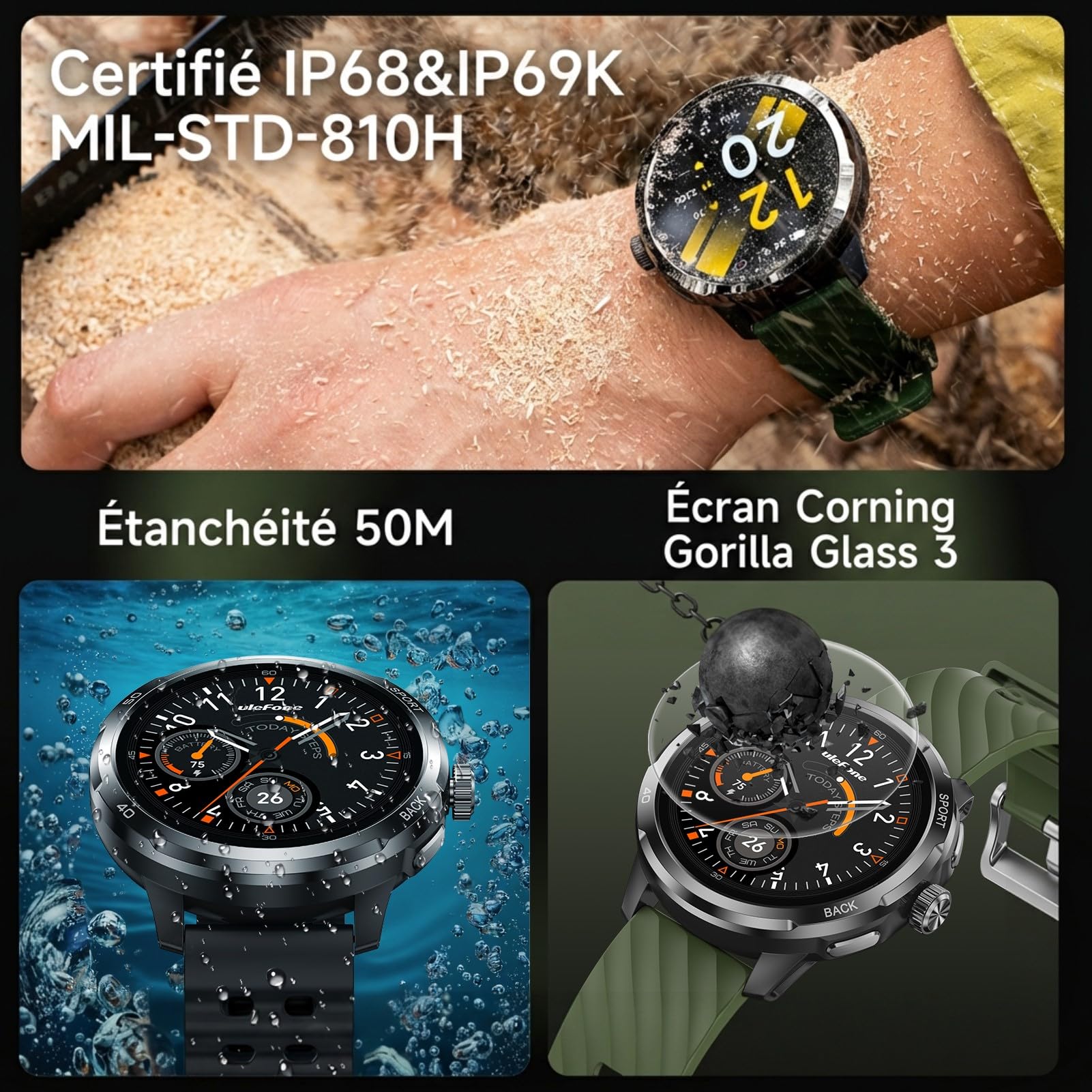 Ulefone Armor Watch Pro Montre Connectée Homme,Militaire Smartwatch Homme avec GPS/Boussole/ChatGPT/Appels Bluetooth, Fitness Montre Connecté avec Plus de 100 Modes Sportifs,Fréquence Cardiaque