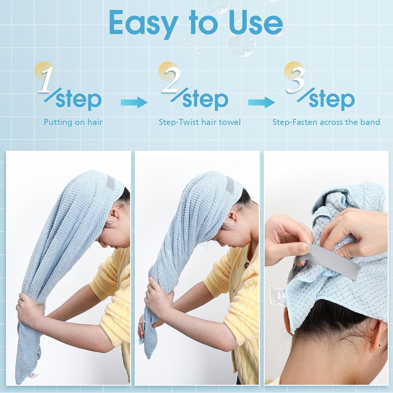 Breling 3 Pack Large Microfiber Hair Towel 24 x 38 Inch Absorbent Wrap Turban Quick Dry for Women Men Curly Hair Shower(Ivory Brown, Hazy Blue, Cream White)