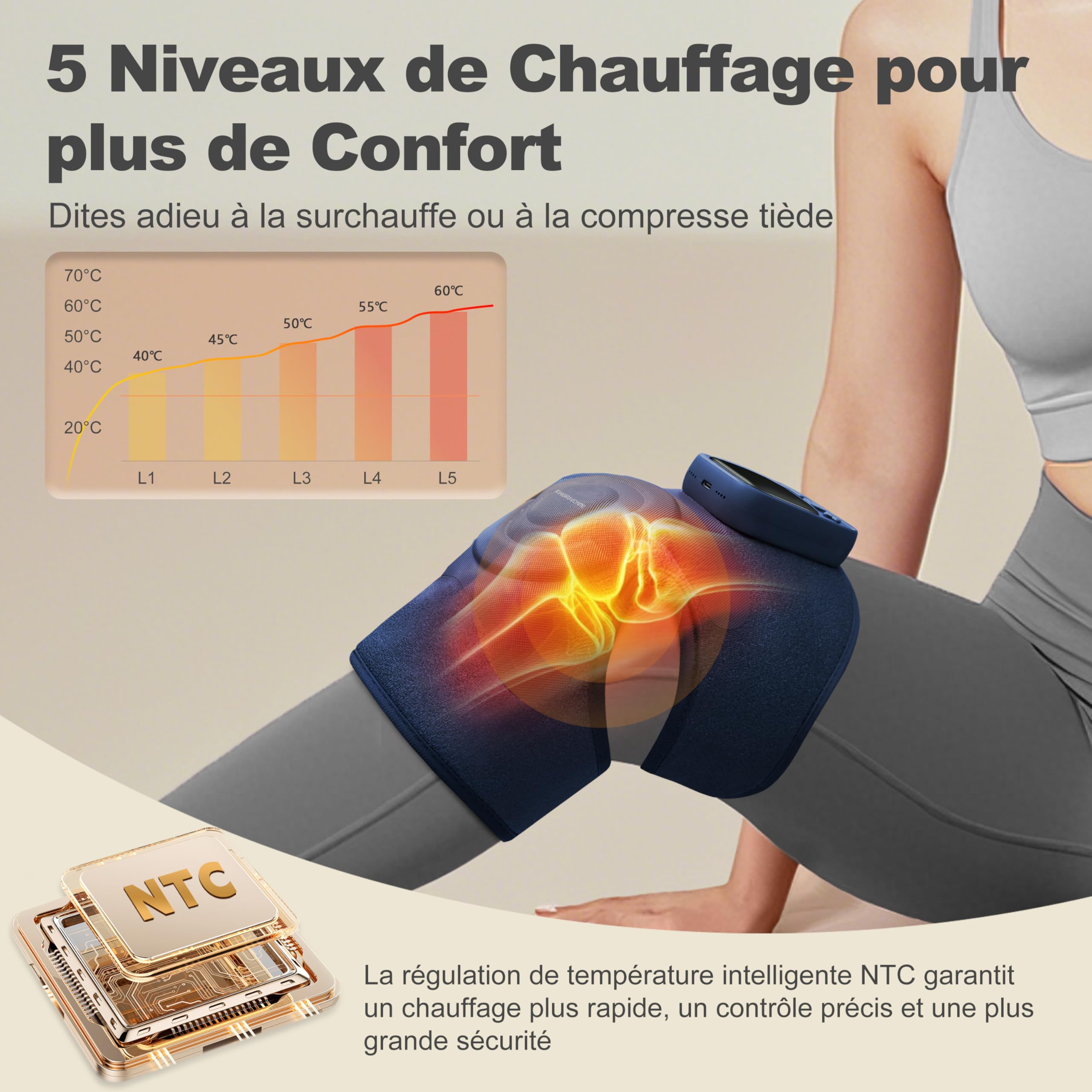 KingPavonini Genouillère Chauffante Sans Fil, Massage pour Genoux avec Chaleur, 4 Moteurs à Vibration, 5 Niveaux de Chaleur, 6 Modes, Genouillere Arthrose Genou, Cadeau pour Maman et Papa (1 Pièce)