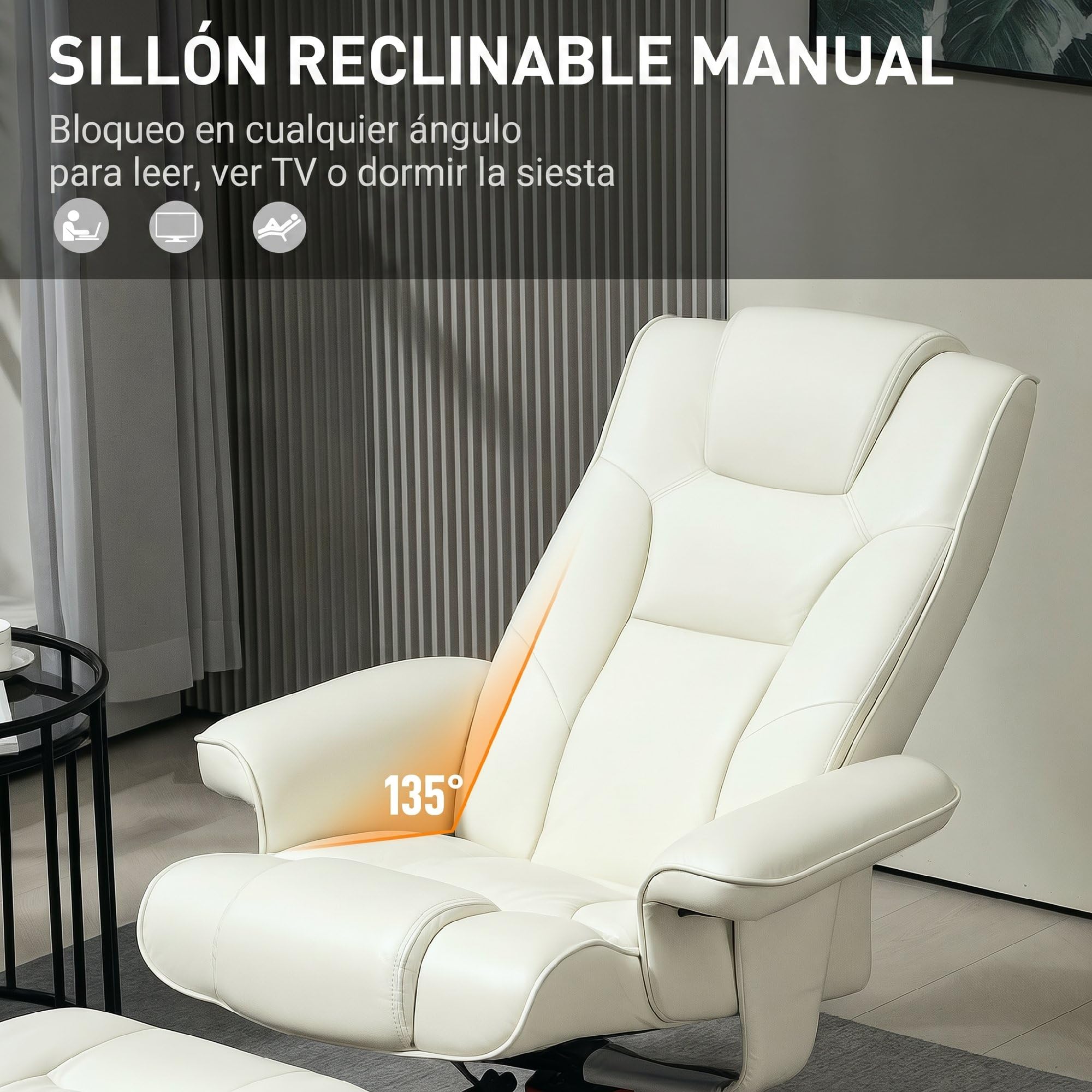 HOMCOM Sillón Reclinable con Reposapiés Sillón de Salón 150 kg Crema | Tapizado en PU, Estructura de Madera, Butaca para Dormitorio Sala de Estar