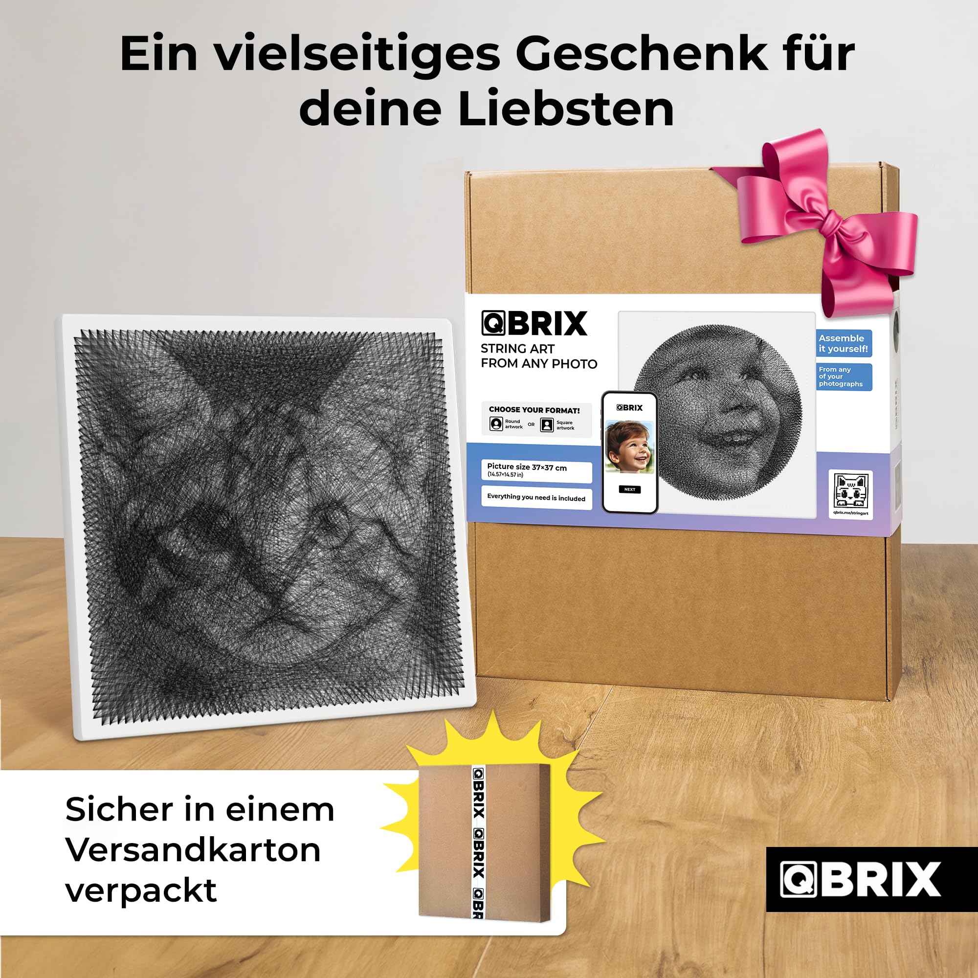 QBRIX Mini – String Art Fadenbild DIY | personalisiertes Geschenk | eigenes Foto als Garnbild | Wunschmotiv | Wandbild (Quadrat- oder Rundform 37×37 cm)