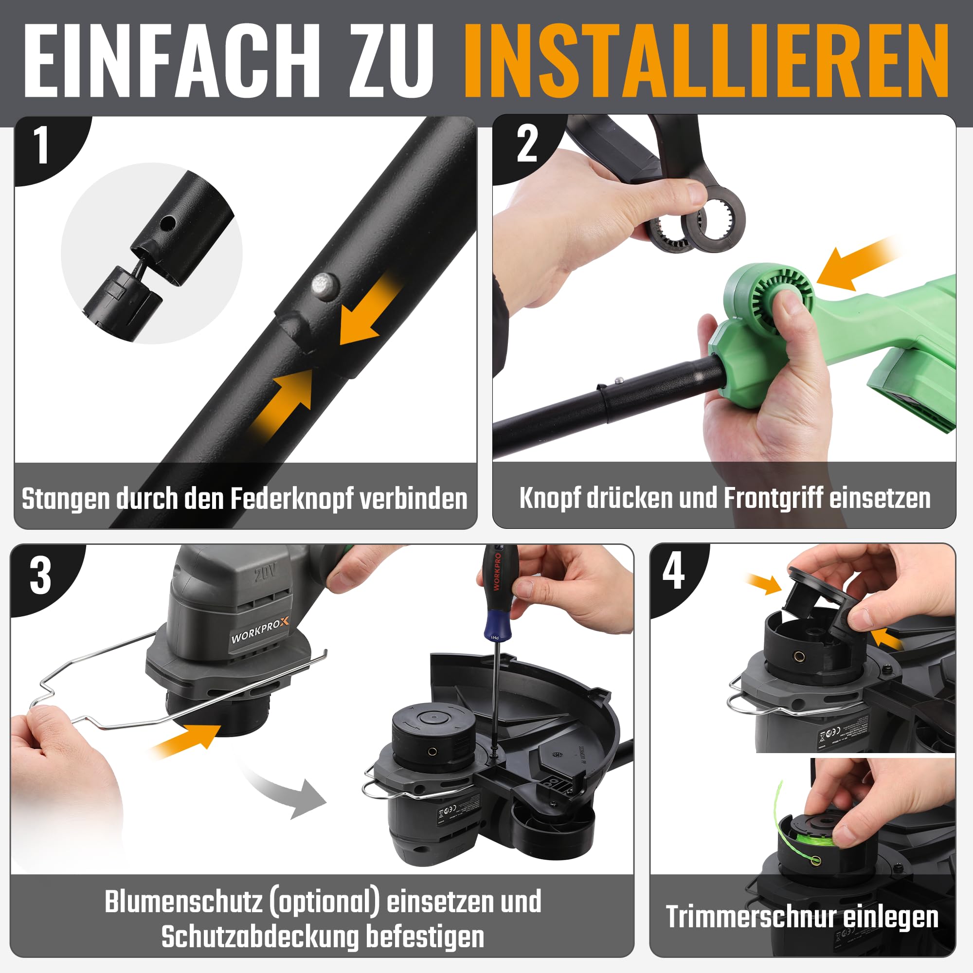 WORKPROX Akku Rasentrimmer 20V mit 4,0Ah Akku & Typ-C Ladekabel, 2-in-1 Kabelloser Rasenkantenschneide inkl. 2 x 5m Nylonfadenr, 30cm Schnittdurchmesser mit Drehbarer Trimmerkopf
