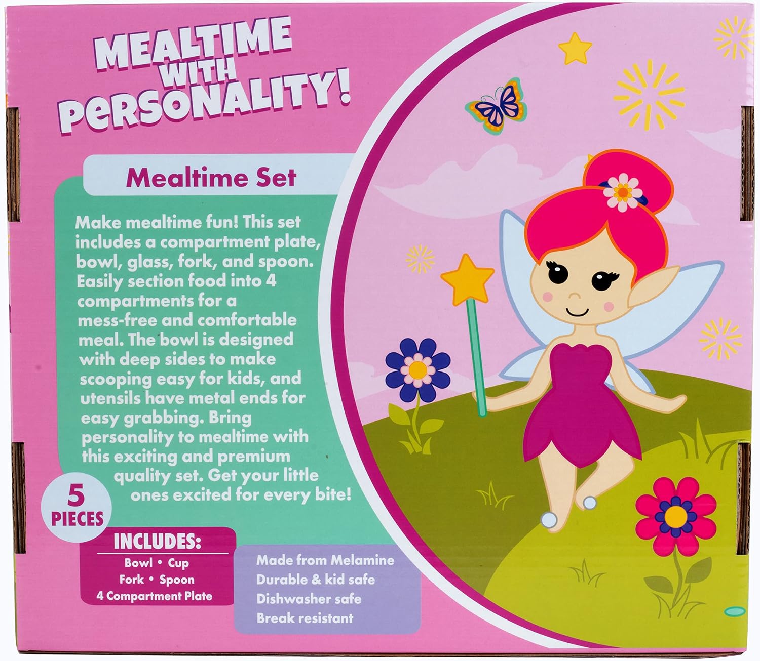 Bentology 5-Piece Kids Dinnerware Set- Whimsical Fairy Theme -Includes Divided 4-Section Plate, Bowl, Cup, Fork & Spoon -BPA-Free Break-Resistant Melamine -Toddler Feeding Set for Girls & Preschoolers