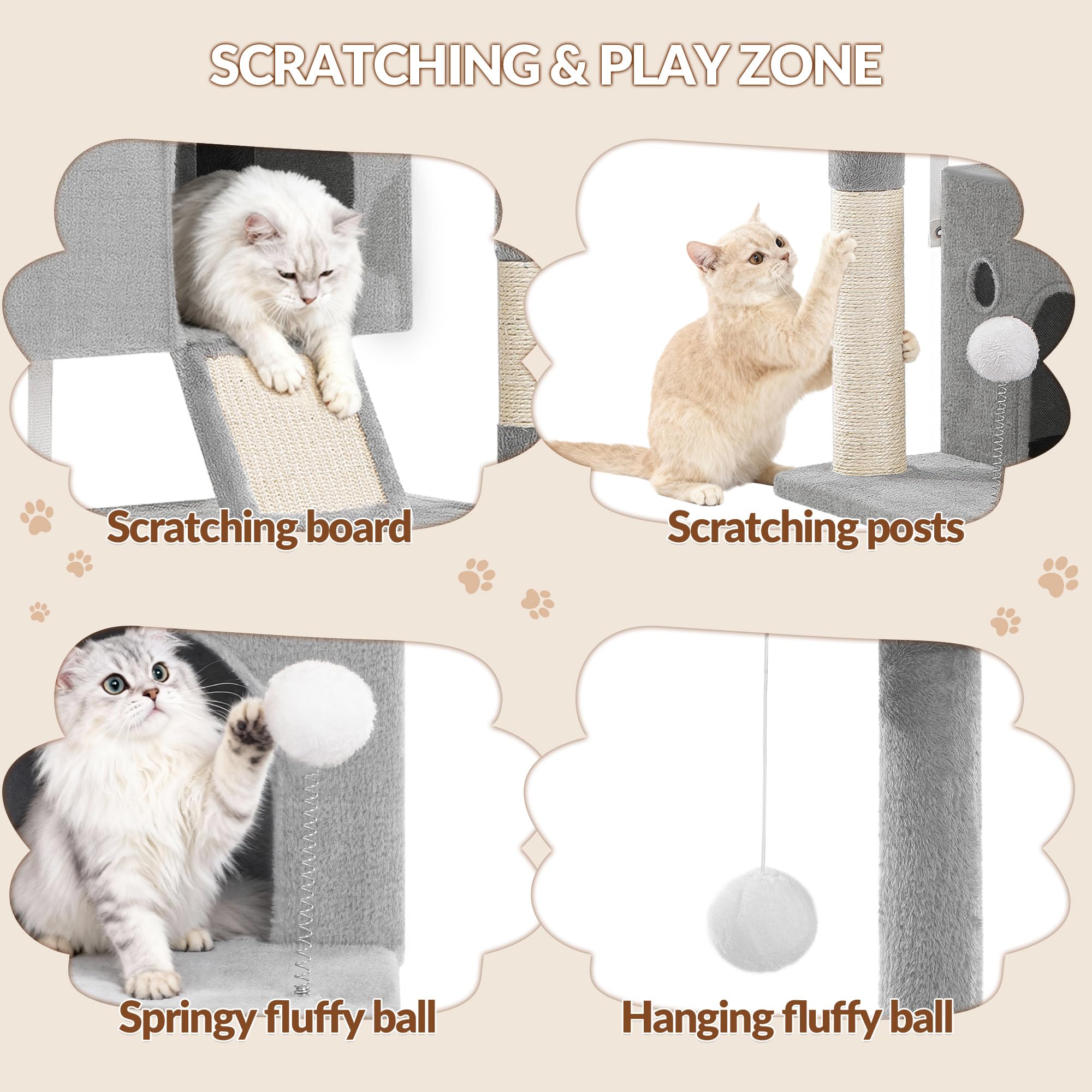 Kratzbaum für Indoor-Katzen, 108 cm, mehrstufiger Katzenkletterturm mit 2 Höhlen, Hängematte, Sisal-Kratzbäume & Brett, interaktives Spielzeug, abnehmbares Kissen, Hellgrau, 50 x 40 x 108 cm