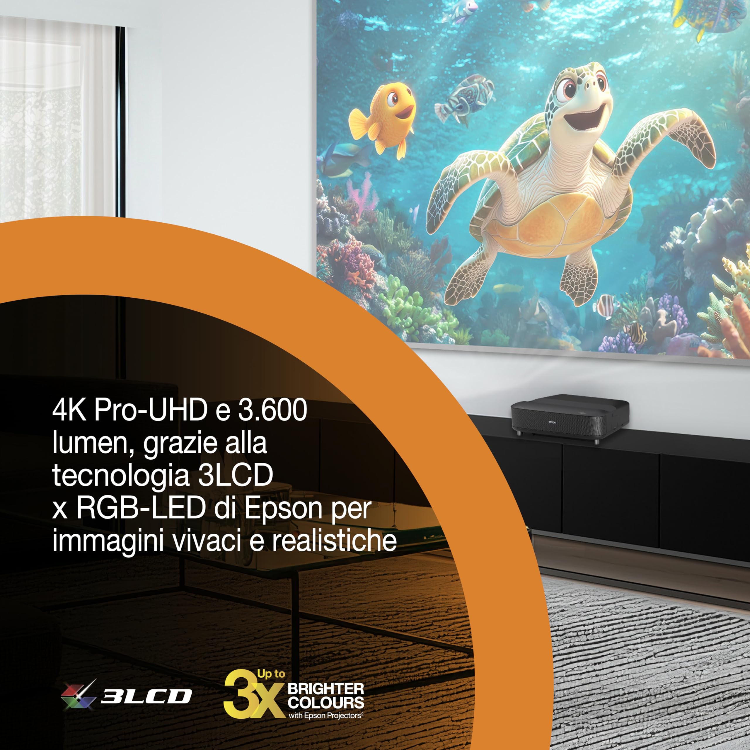 Epson Lifestudio Grand EH-LS670B | Videoproiettore TV laser ottica ultra-corta | Home Cinema 4K PRO‐UHD | 3.600 lumen | Imaging IA | Sound by BOSE | Google TV | Display 120” | Garanzia 5 anni | Nero