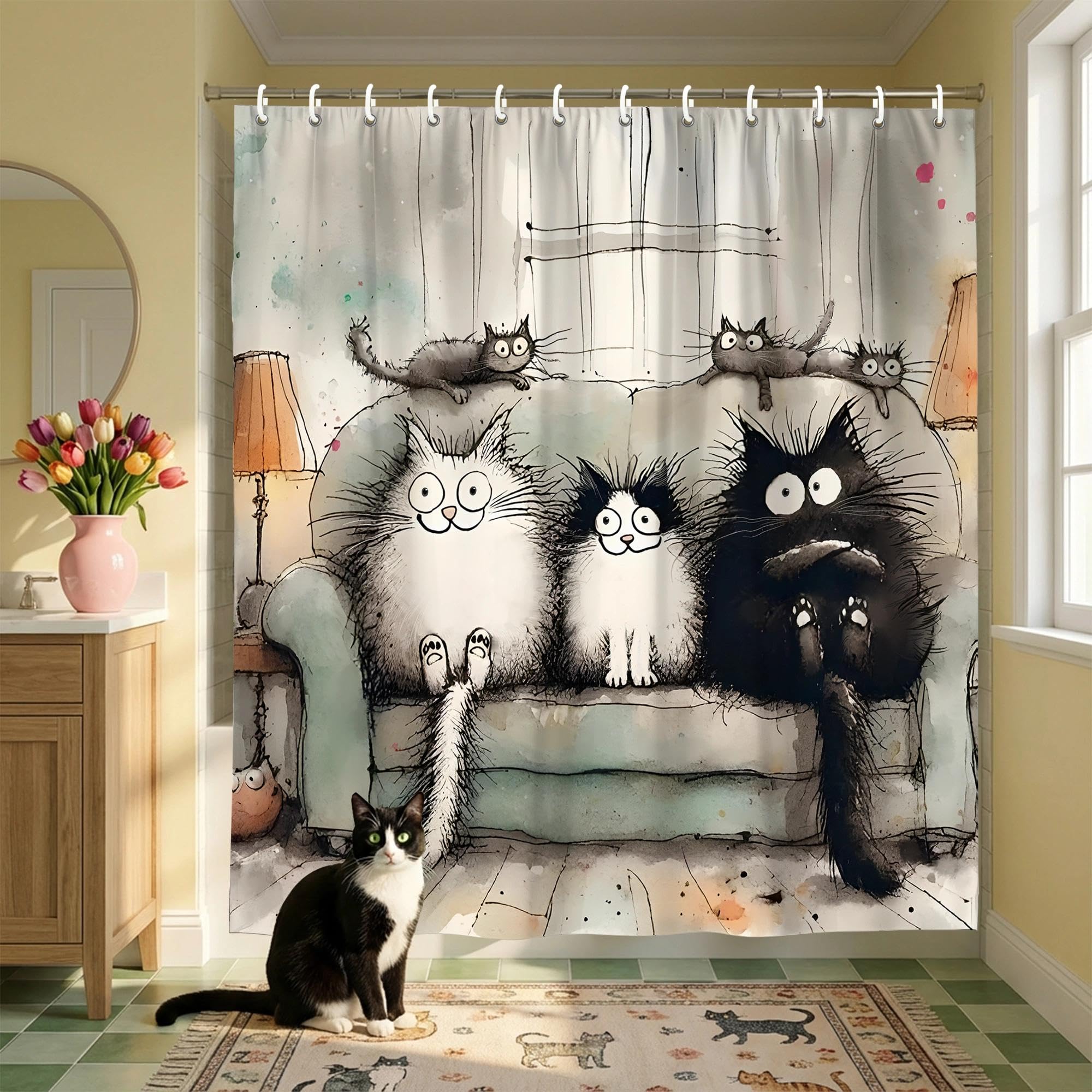 TSLOVER Kawaii Cartoon Cat Shower Curtains,Cute Cat Bathroom Decor for Kids Women,Funny Waterproof Polyester Bath Curtains for Home Decor,72x72 Inch