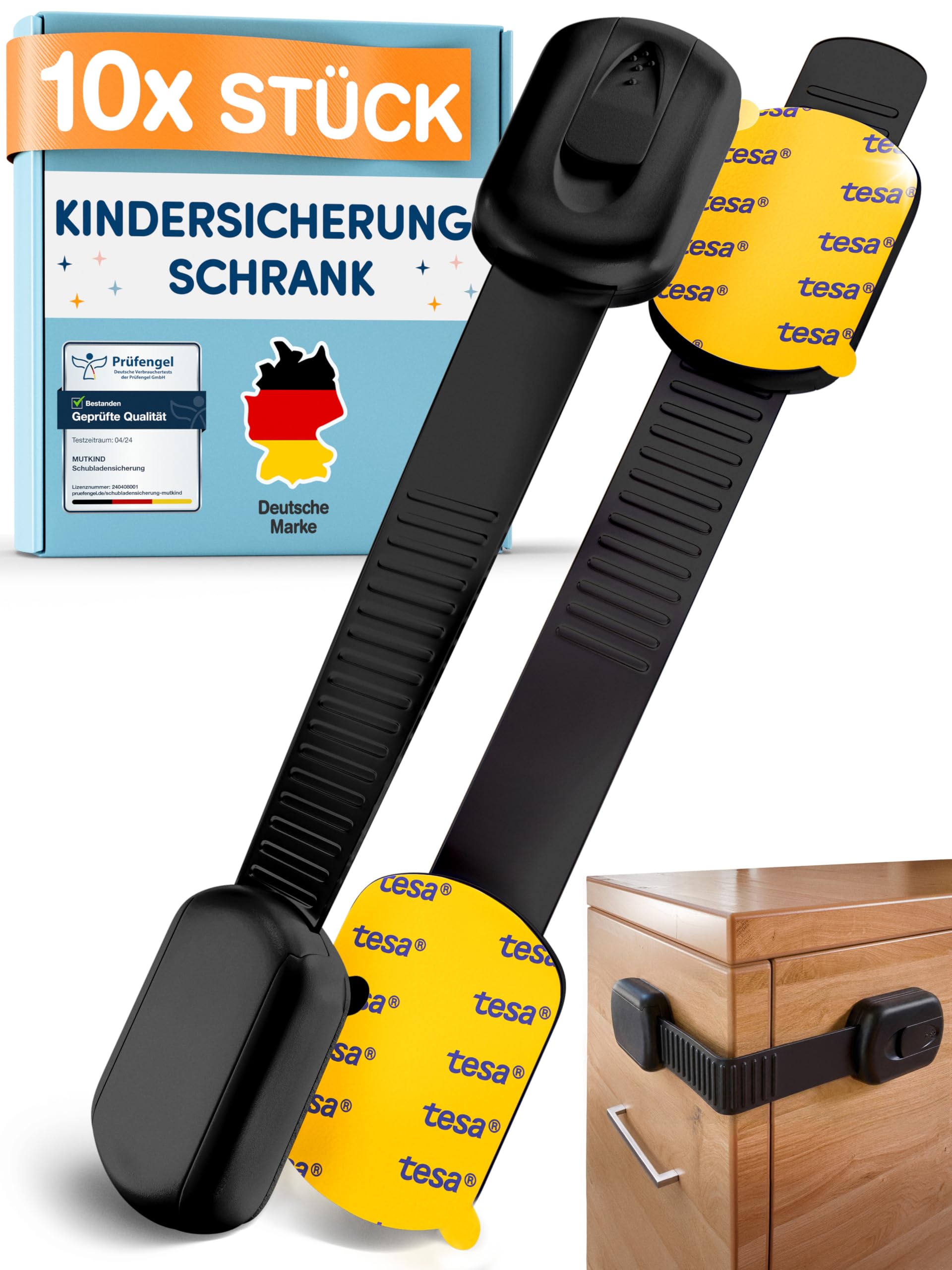 MUTKIND 10 Stück Kindersicherung Schrank - (Mit Kleber von TESA) Schranksicherung Baby - Längenverstellbar - Schubladensicherung für Schränke, Kühlschrank, Tür - Kindersicherung Schubladen Schwarz