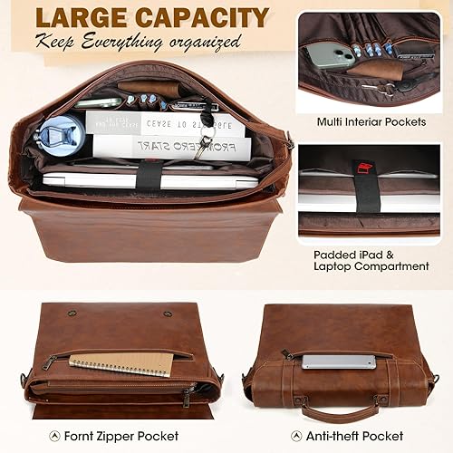 Miniatura 3 de RAINSMORE Bolsa de mensajero para hombre de 17 pulgadas, impermeable, de piel vintage, maletín para laptop, bolsa grande para laptop, bolsa de